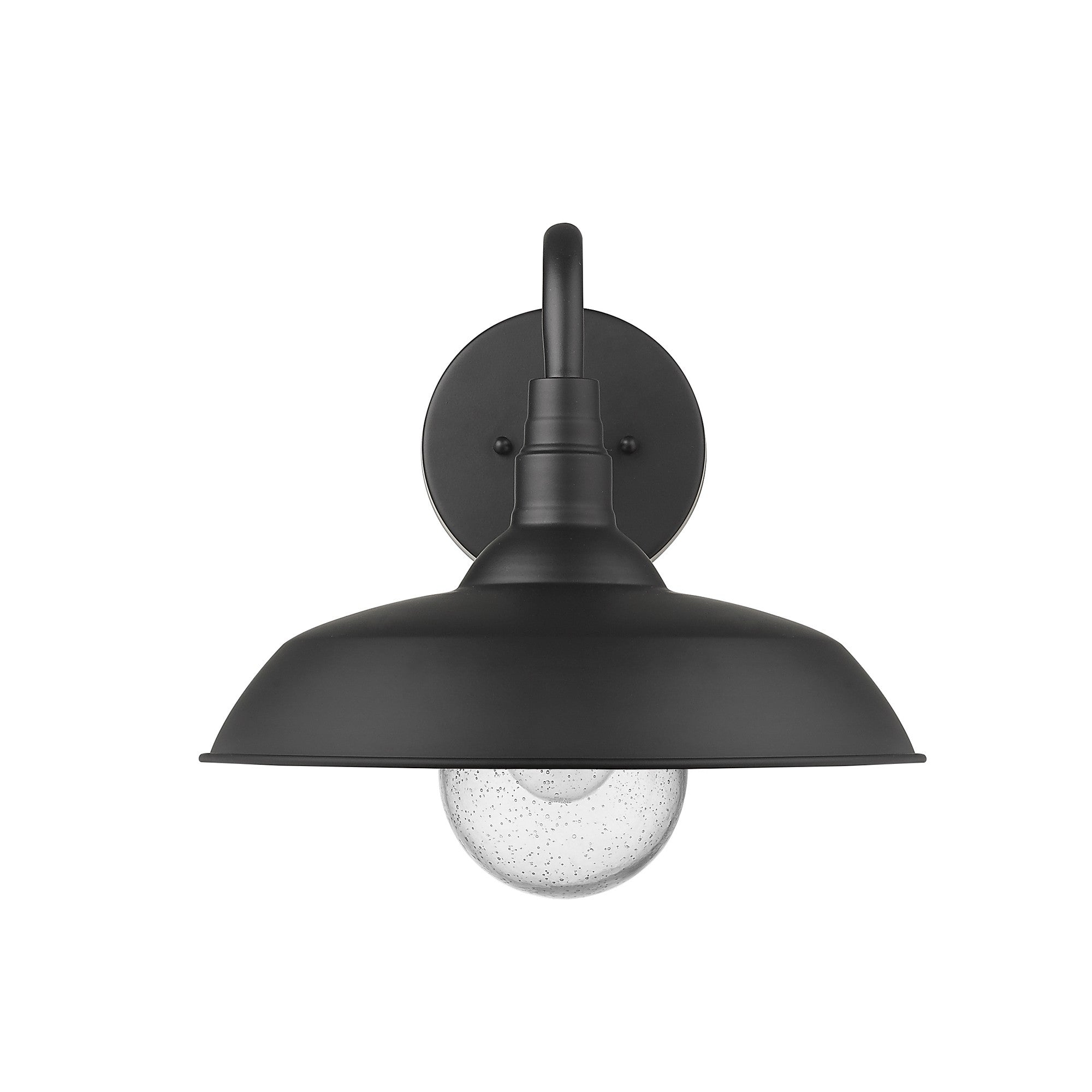 Front view of the Burry Matte Black Farmhouse Gooseneck Wall Sconce with Seeded Glass Shade