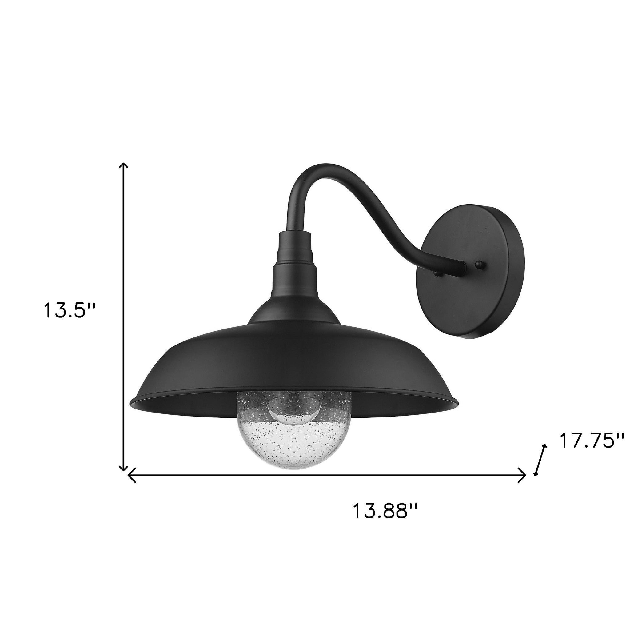 Burry Matte Black Farmhouse Gooseneck Wall Sconce with Seeded Glass Shade shown with dimensions of 13 point 5 inches high by 13 point 88 inches wide by 17 point 75 inches deep