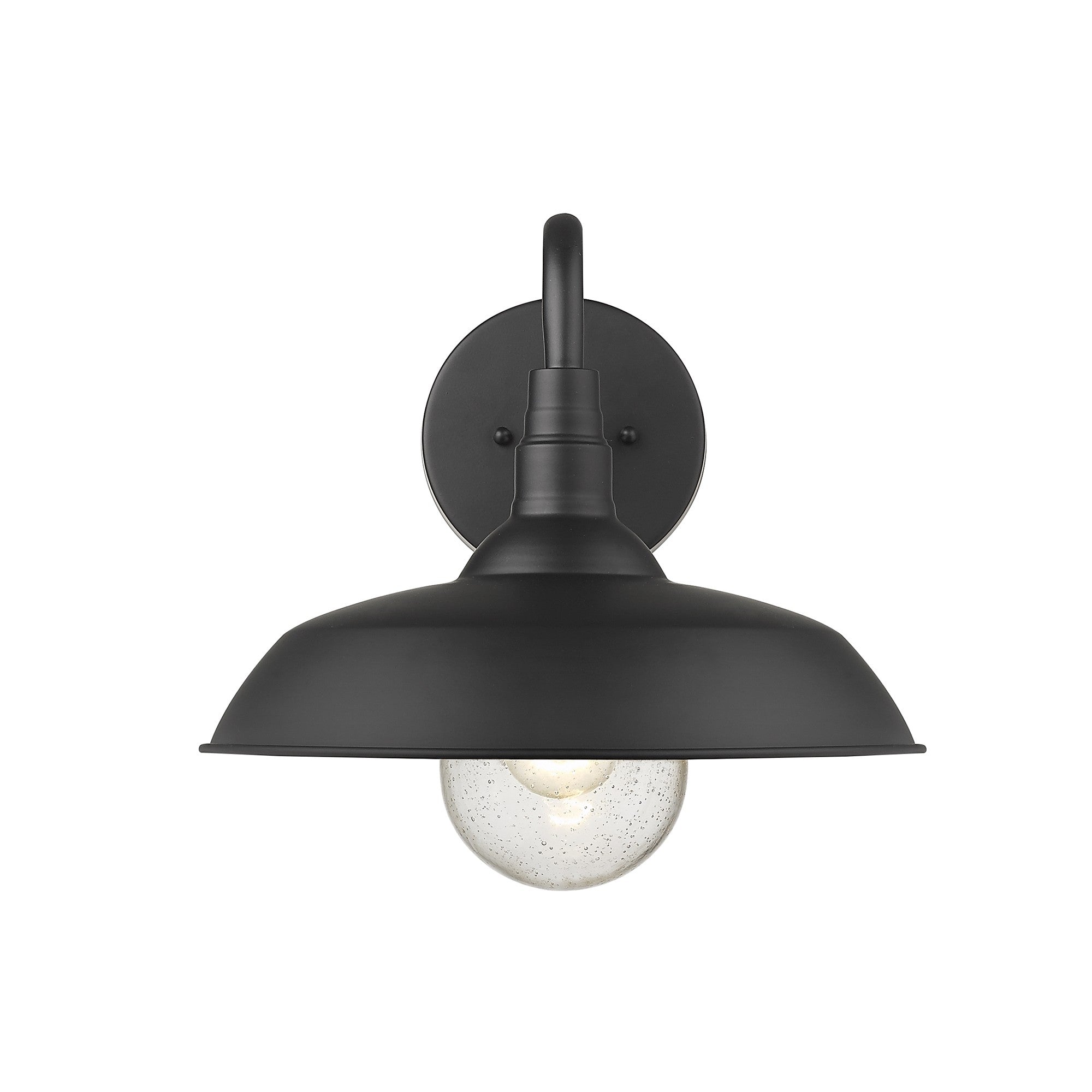 Front  view of the lighted Burry Matte Black Farmhouse Gooseneck Wall Sconce with Seeded Glass Shade