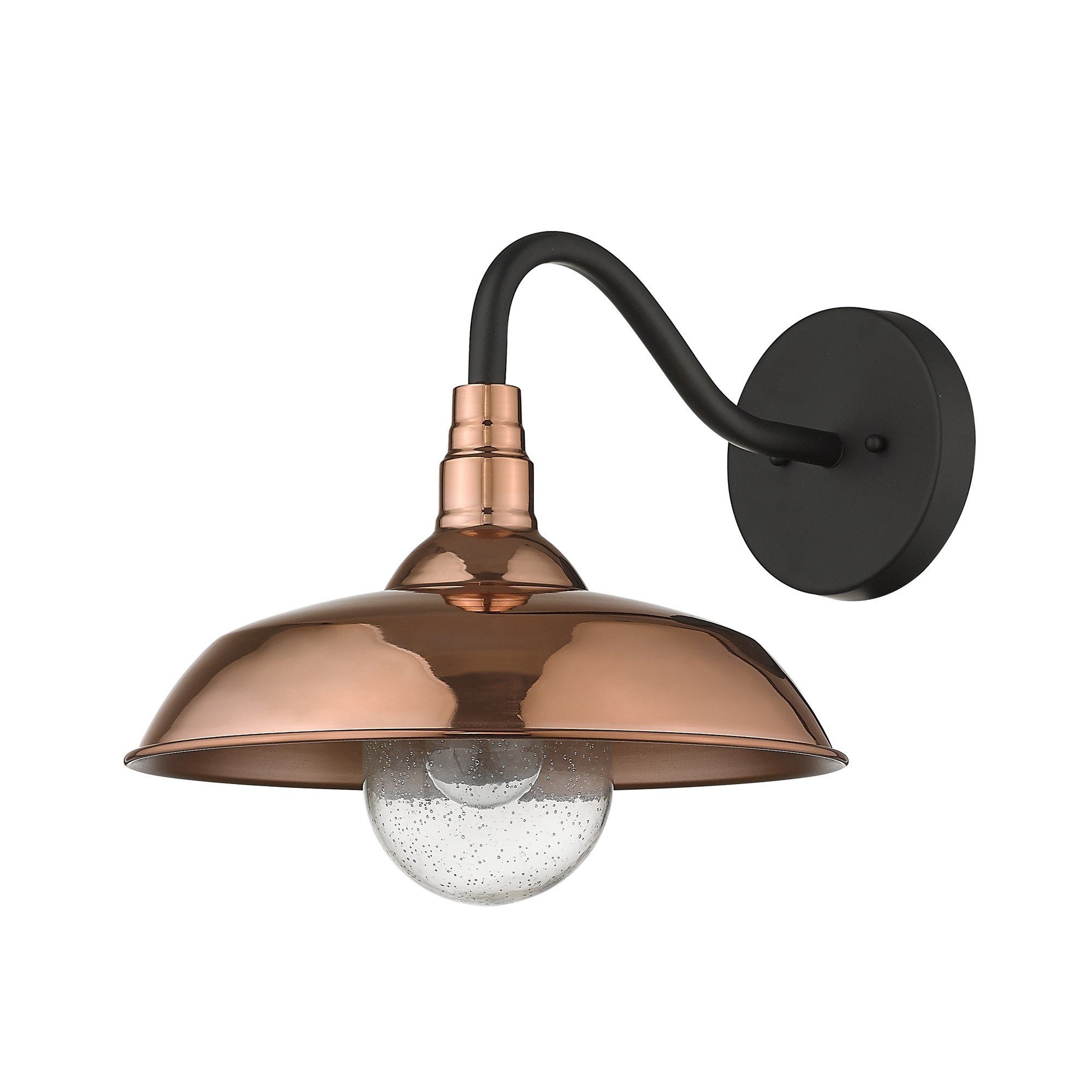 A copper wall light with a single bulb, featuring a downward-facing light and a black gooseneck arm and mounting bracket, designed for indoor or outdoor use.