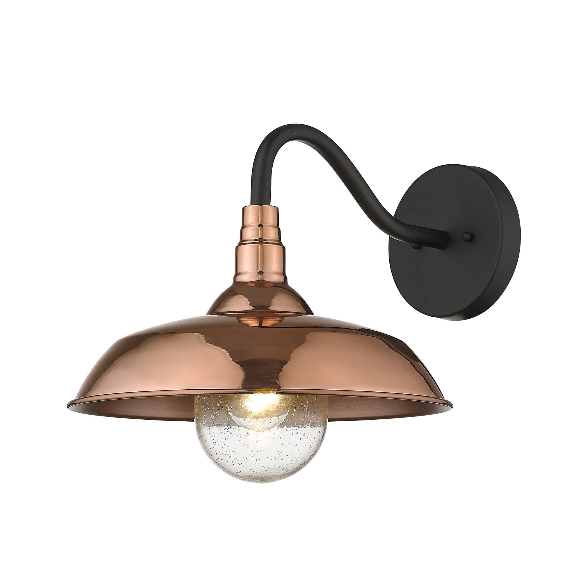 Front and right side angle view of the lighted Burry Copper Farmhouse Gooseneck Wall Sconce with Seeded Glass Shade