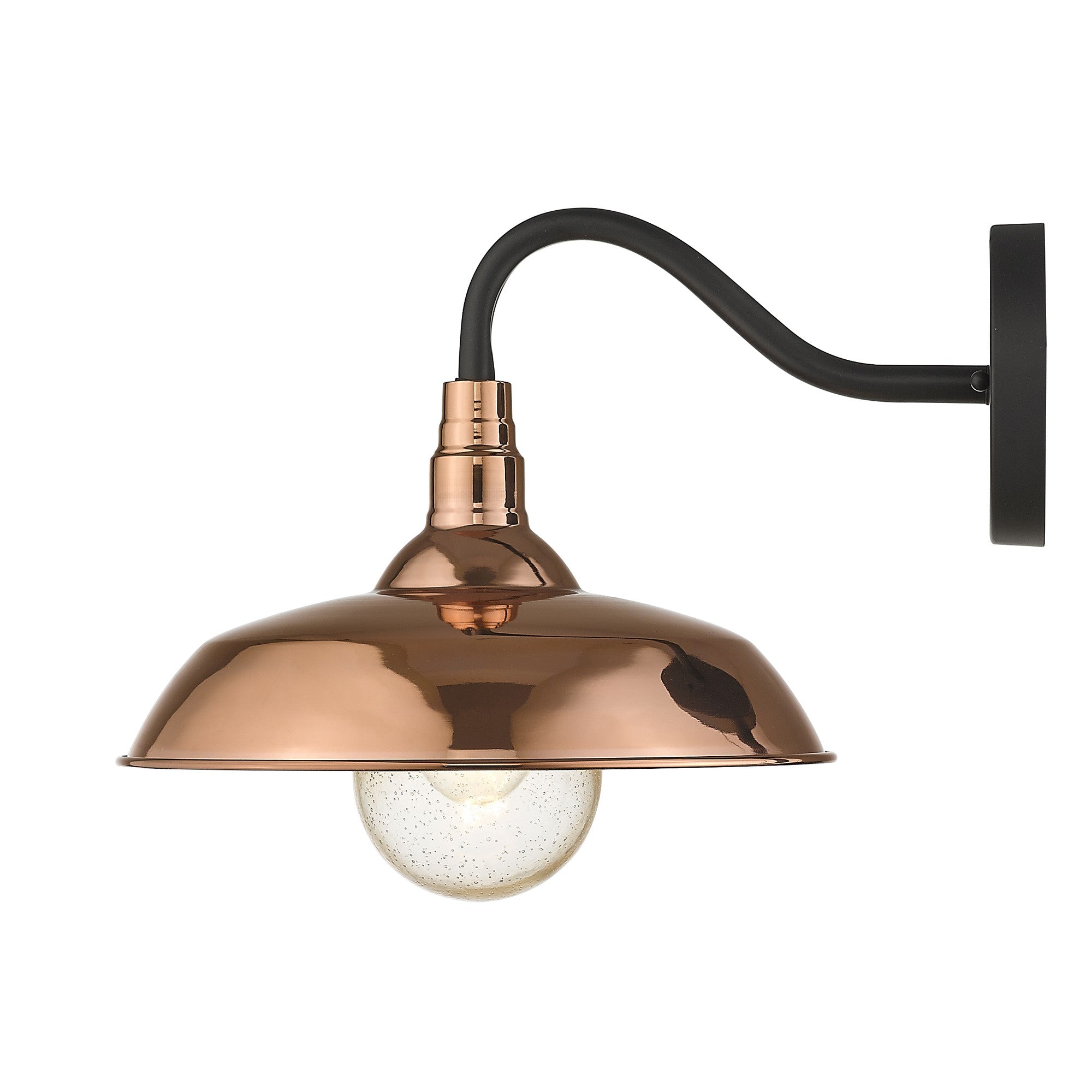 Side view of the lighted Burry Copper Farmhouse Gooseneck Wall Sconce with Seeded Glass Shade