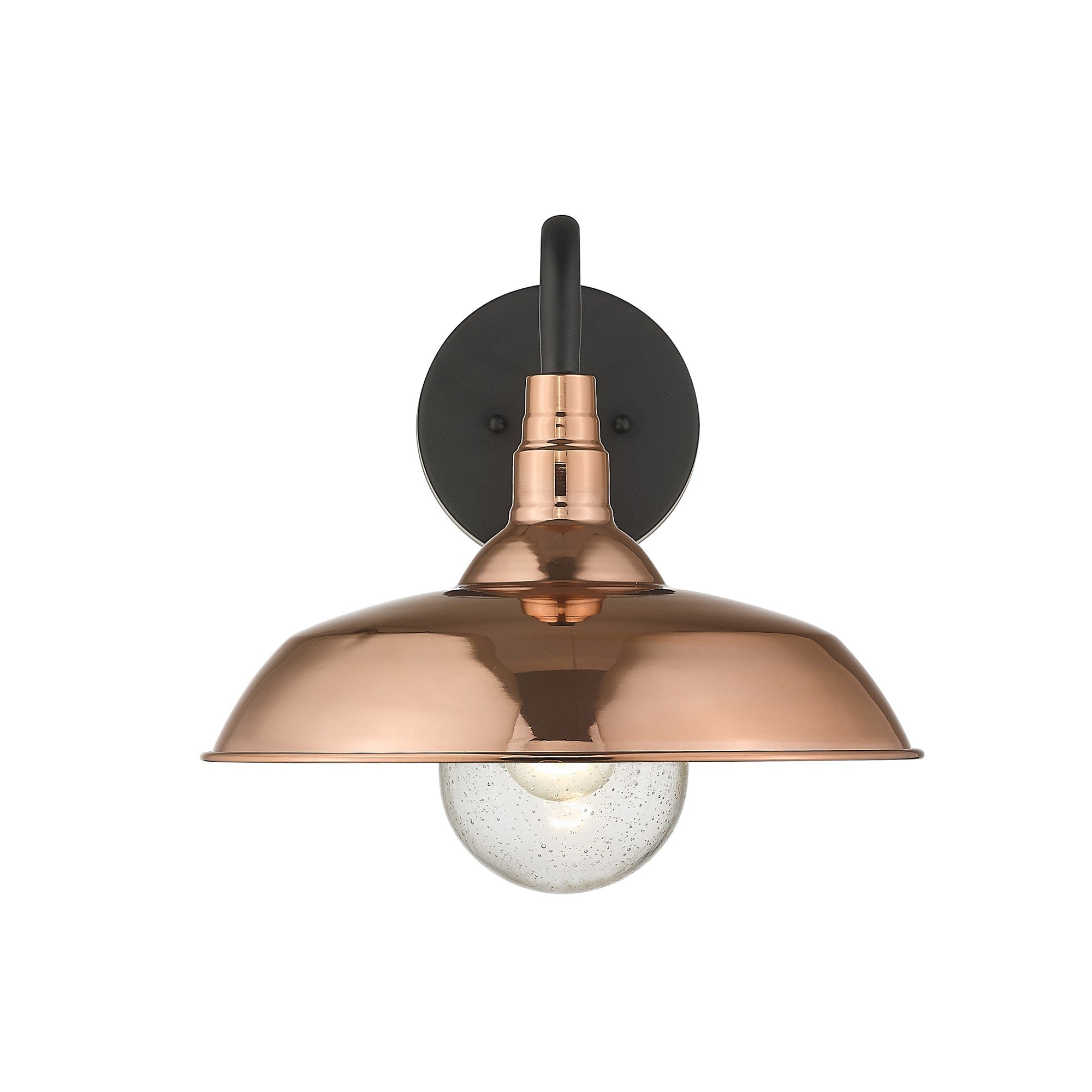 Front view of the lighted Burry Copper Farmhouse Gooseneck Wall Sconce with Seeded Glass Shade