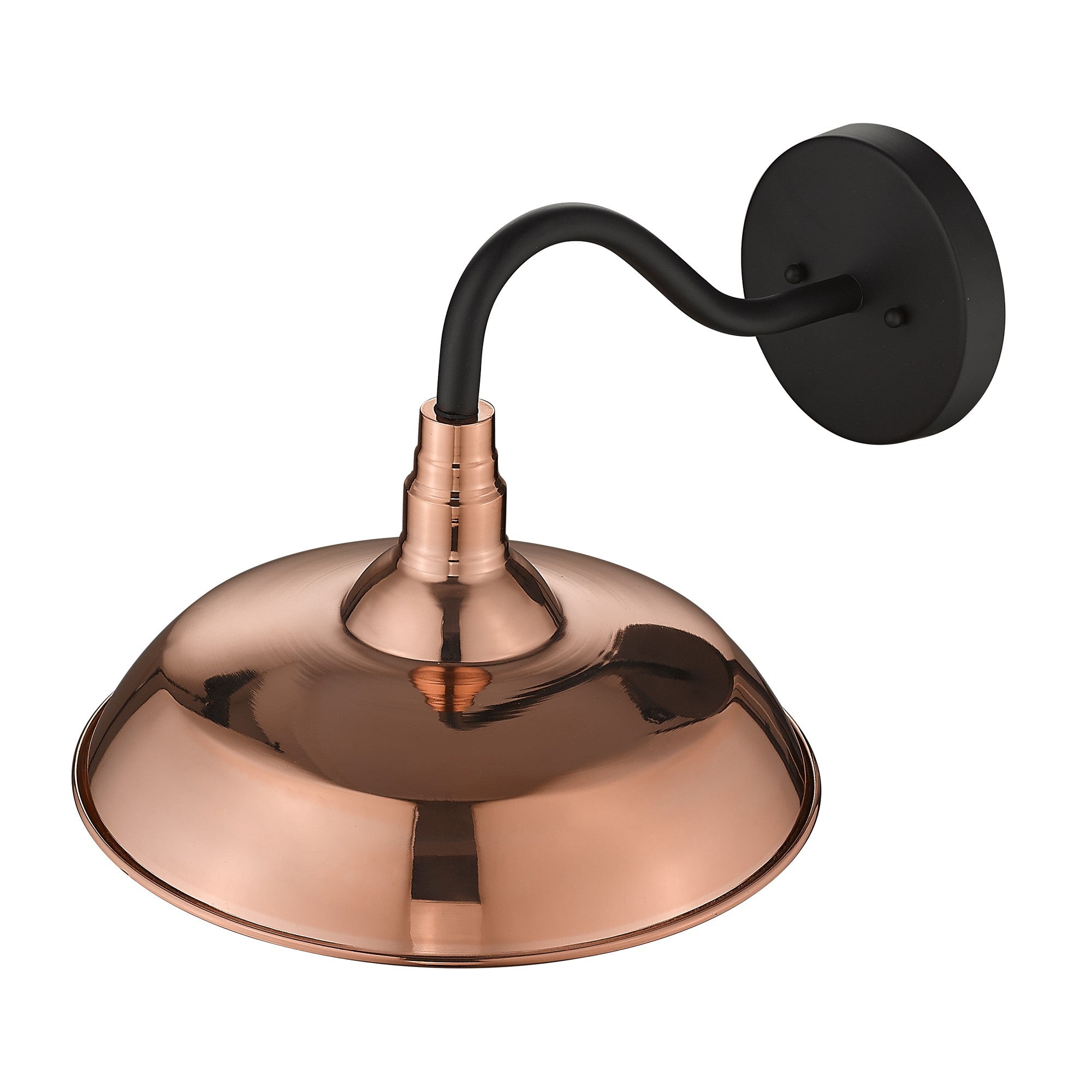 Top down right side angle view of the Burry Copper Farmhouse Gooseneck Wall Sconce with Seeded Glass Shade