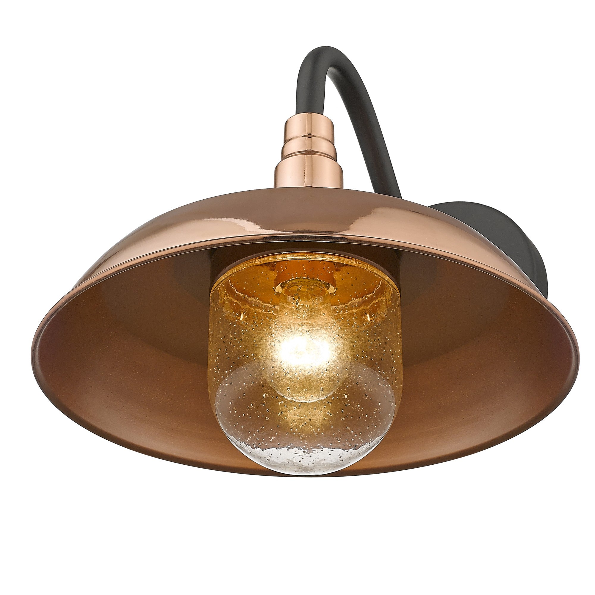 Bottom up angled view of the lighted Burry Copper Farmhouse Gooseneck Wall Sconce with Seeded Glass Shade