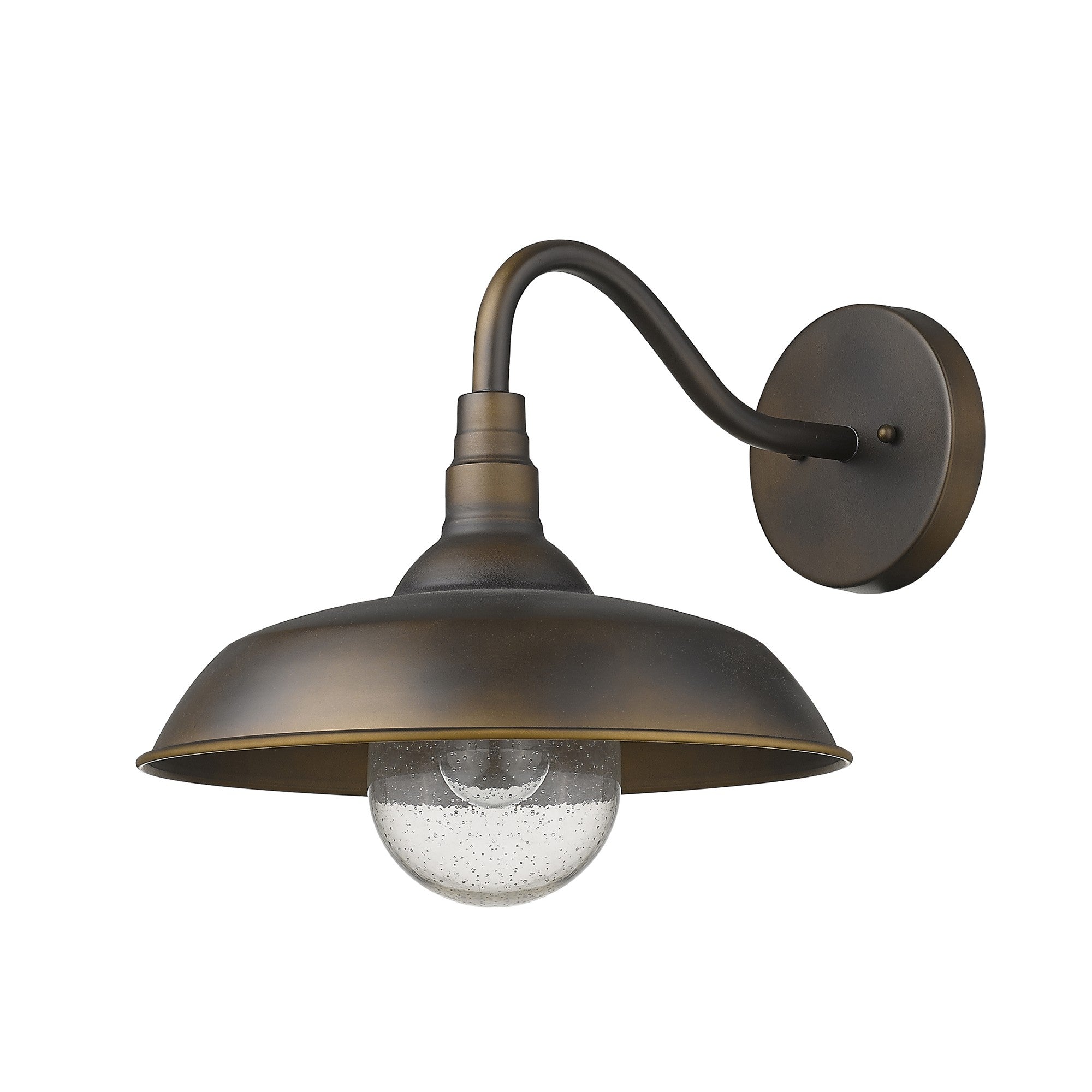 An oil-rubbed bronze single-bulb wall light with a downward-directed light, featuring a classic design with a round glass shade and a visible wiring knob on the side.