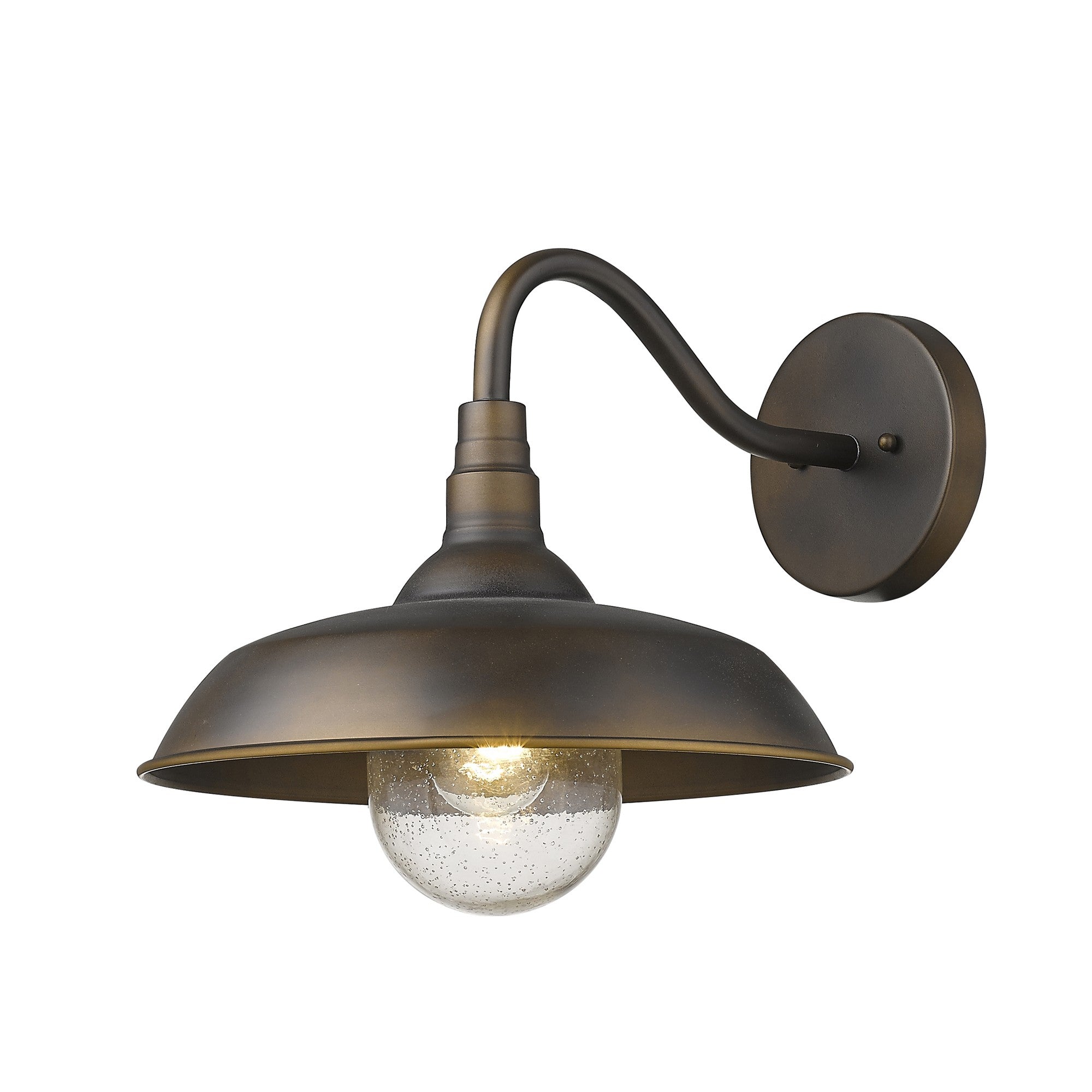 Front right side angle view of the lighted Burry Oil-Rubbed Bronze Farmhouse Gooseneck Wall Sconce with Seeded Glass Shade