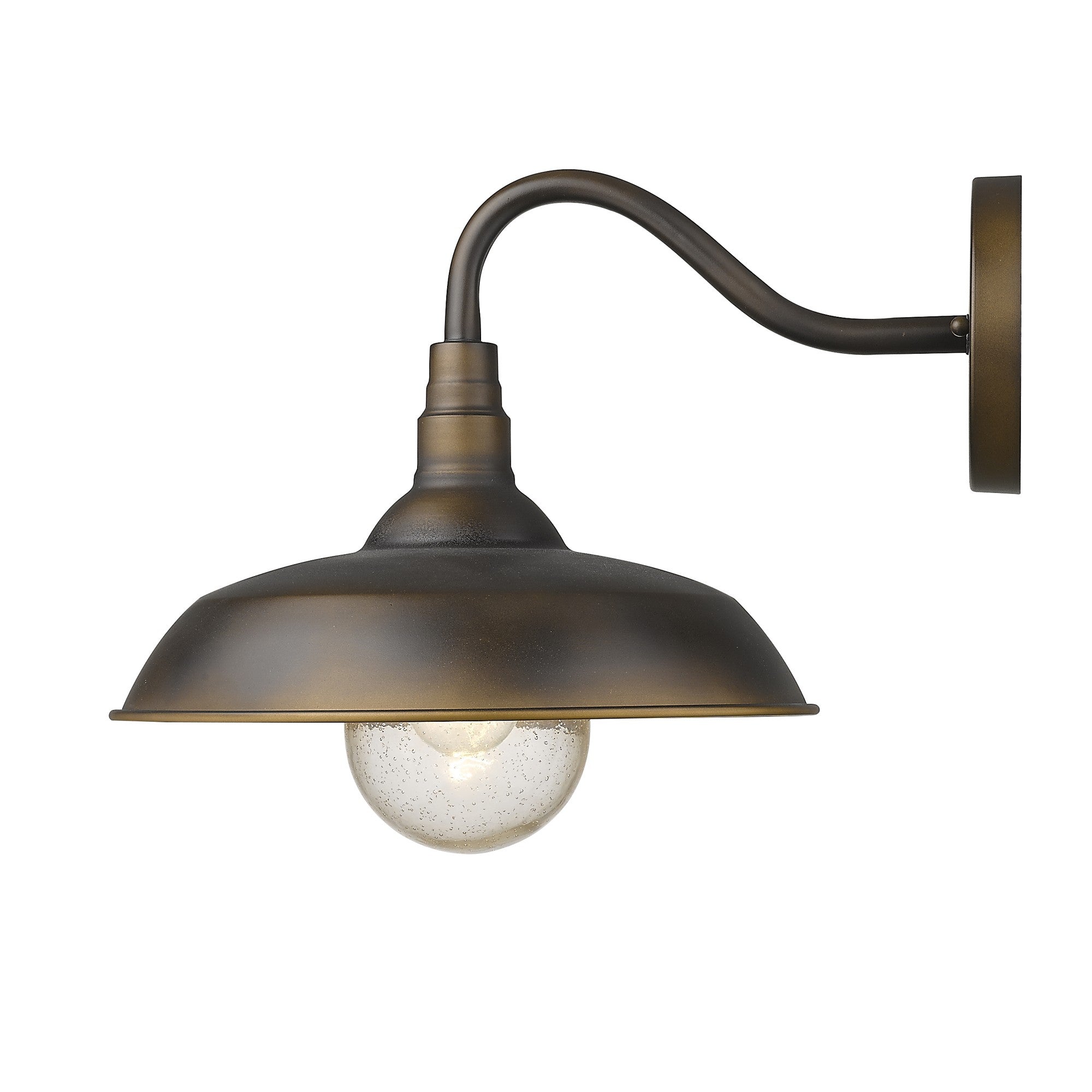 Side view of the lighted Burry Oil-Rubbed Bronze Farmhouse Gooseneck Wall Sconce with Seeded Glass Shade