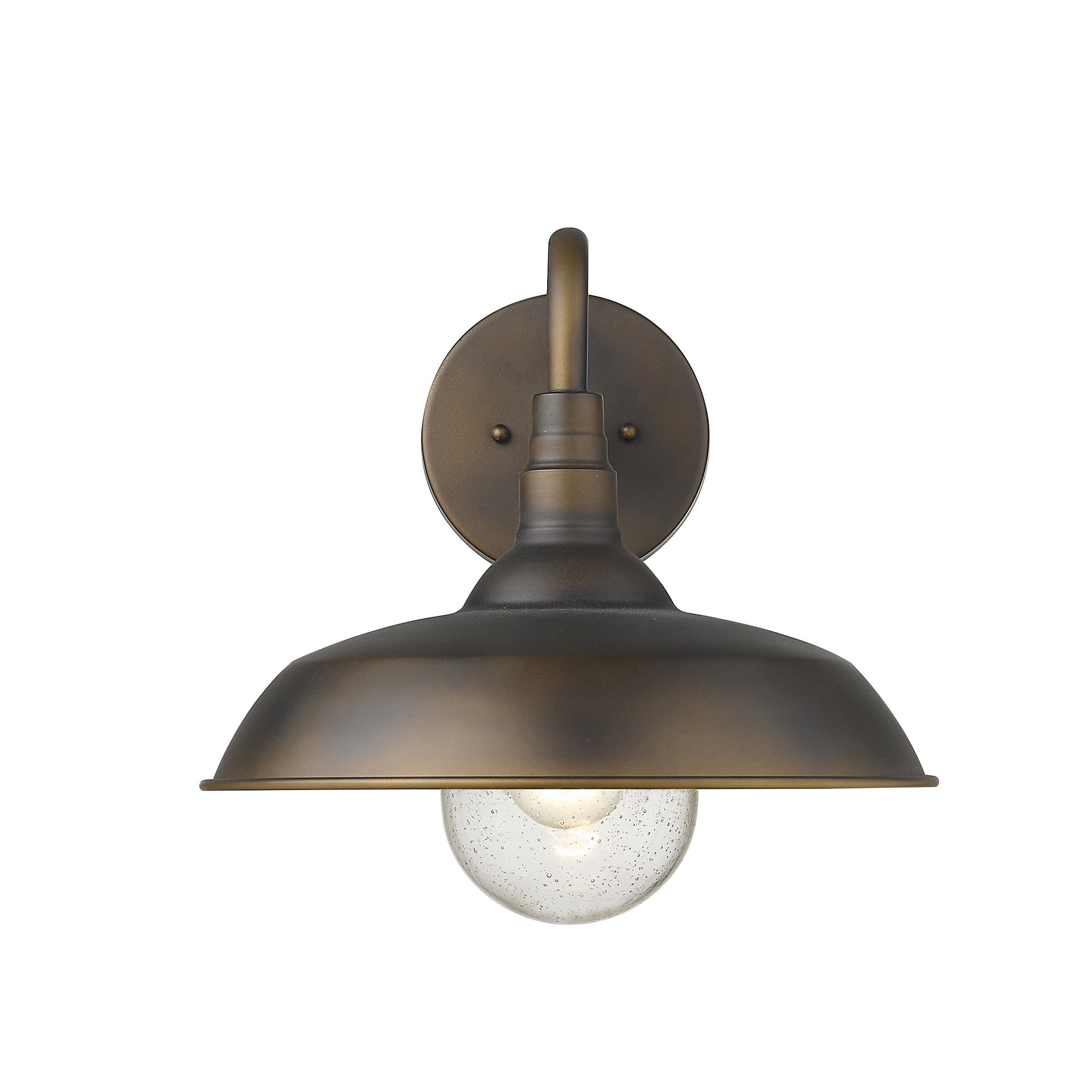 Front view of the lighted Burry Oil-Rubbed Bronze Farmhouse Gooseneck Wall Sconce with Seeded Glass Shade