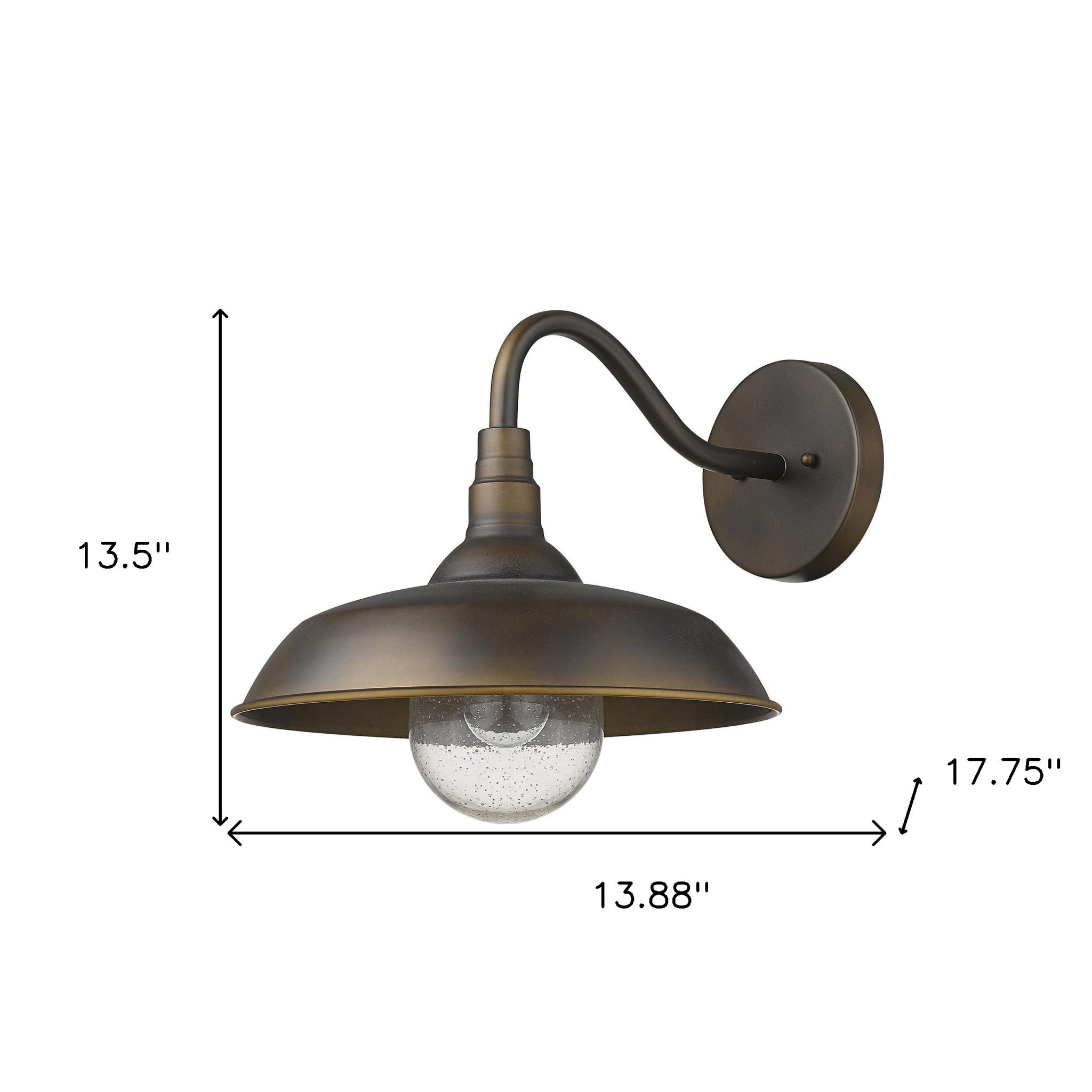 Burry Oil-Rubbed Bronze Farmhouse Gooseneck Wall Sconce with Seeded Glass Shade shown with dimensions of 13 point 5 inches high by 13 point 88 inches wide by 17 point 75 inches deep
