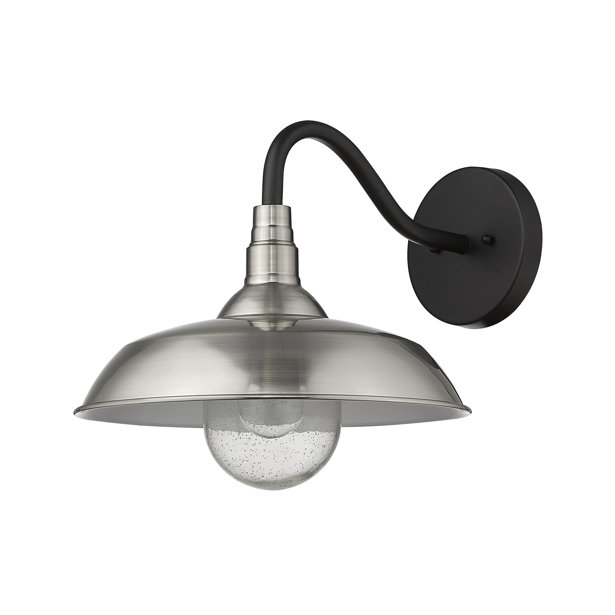 Front and right side angle view of the Burry Satin Nickel Farmhouse Gooseneck Wall Sconce with Seeded Glass Shade and black gooseneck arm