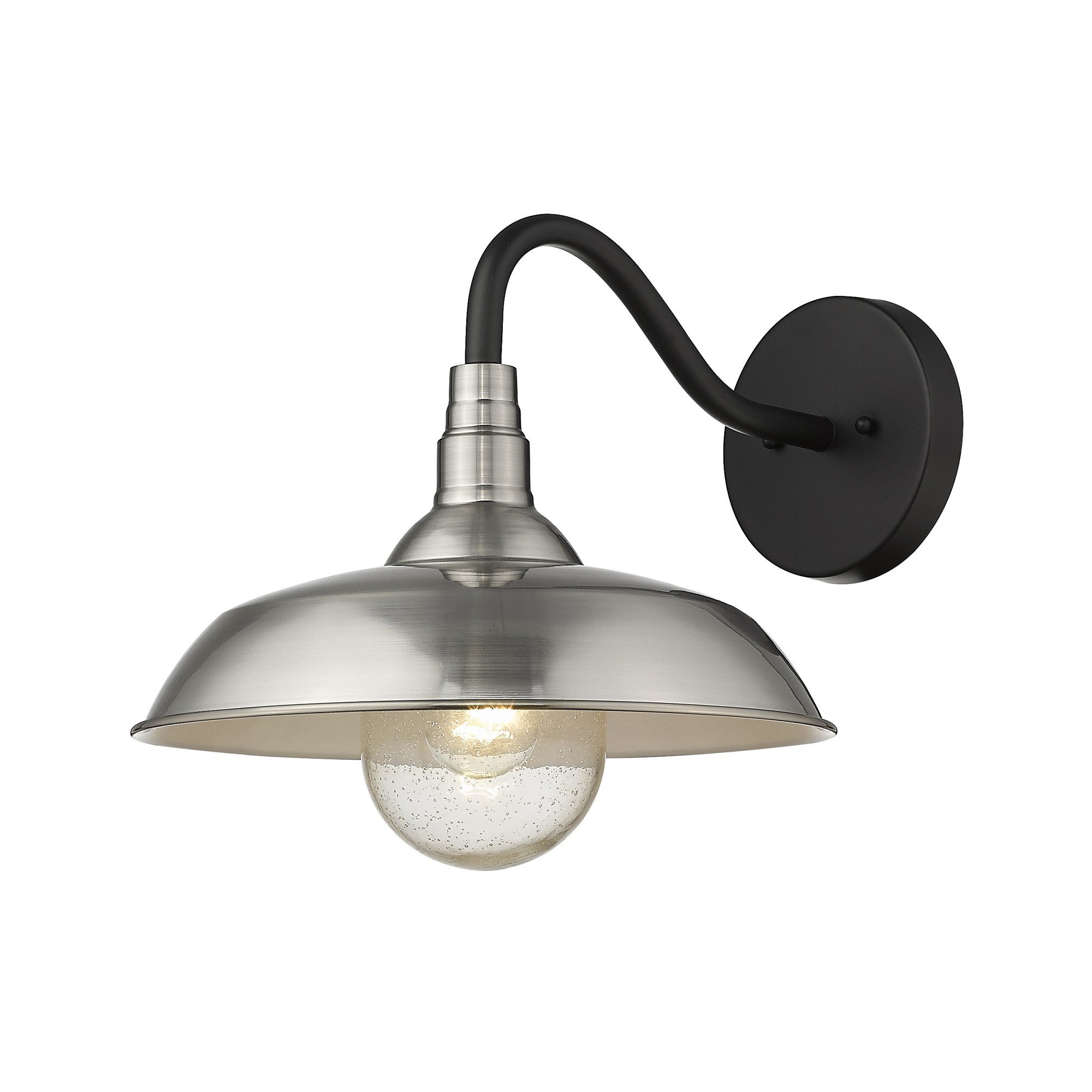 Front and right side angle view of the lighted Burry Satin Nickel Farmhouse Gooseneck Wall Sconce with Seeded Glass Shade and black gooseneck arm