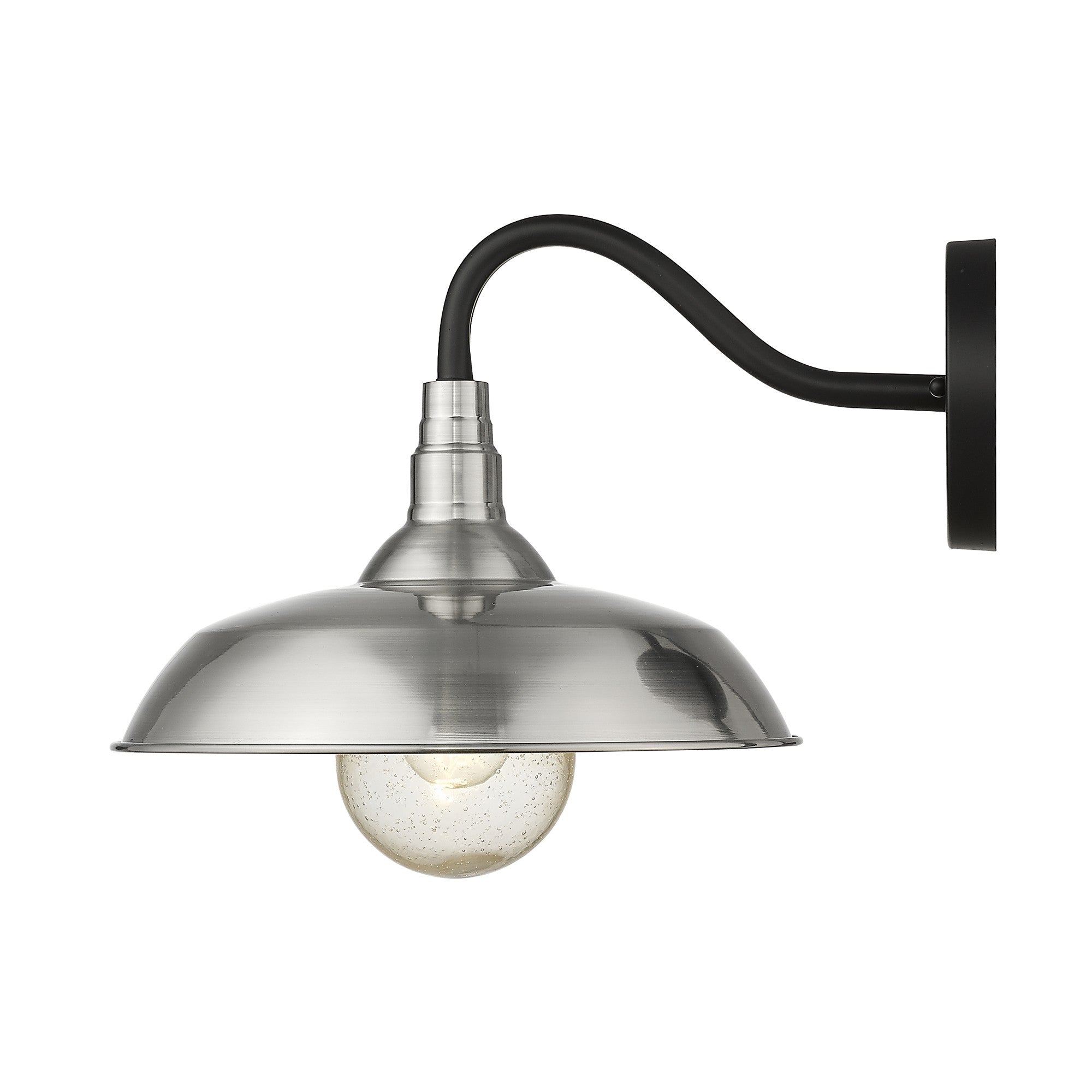 Side view of the lighted Burry Satin Nickel Farmhouse Gooseneck Wall Sconce with Seeded Glass Shade and black gooseneck arm