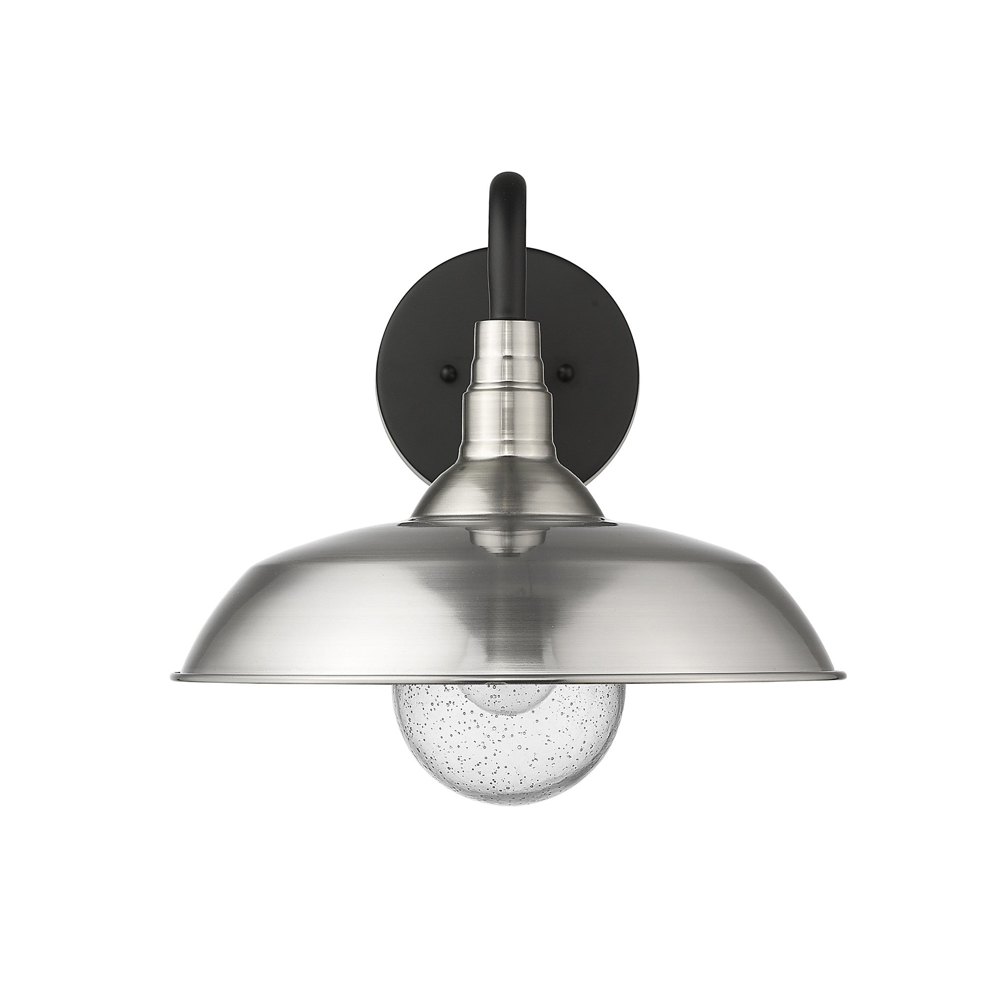 Front view of the Burry Satin Nickel Farmhouse Gooseneck Wall Sconce with Seeded Glass Shade and black gooseneck arm