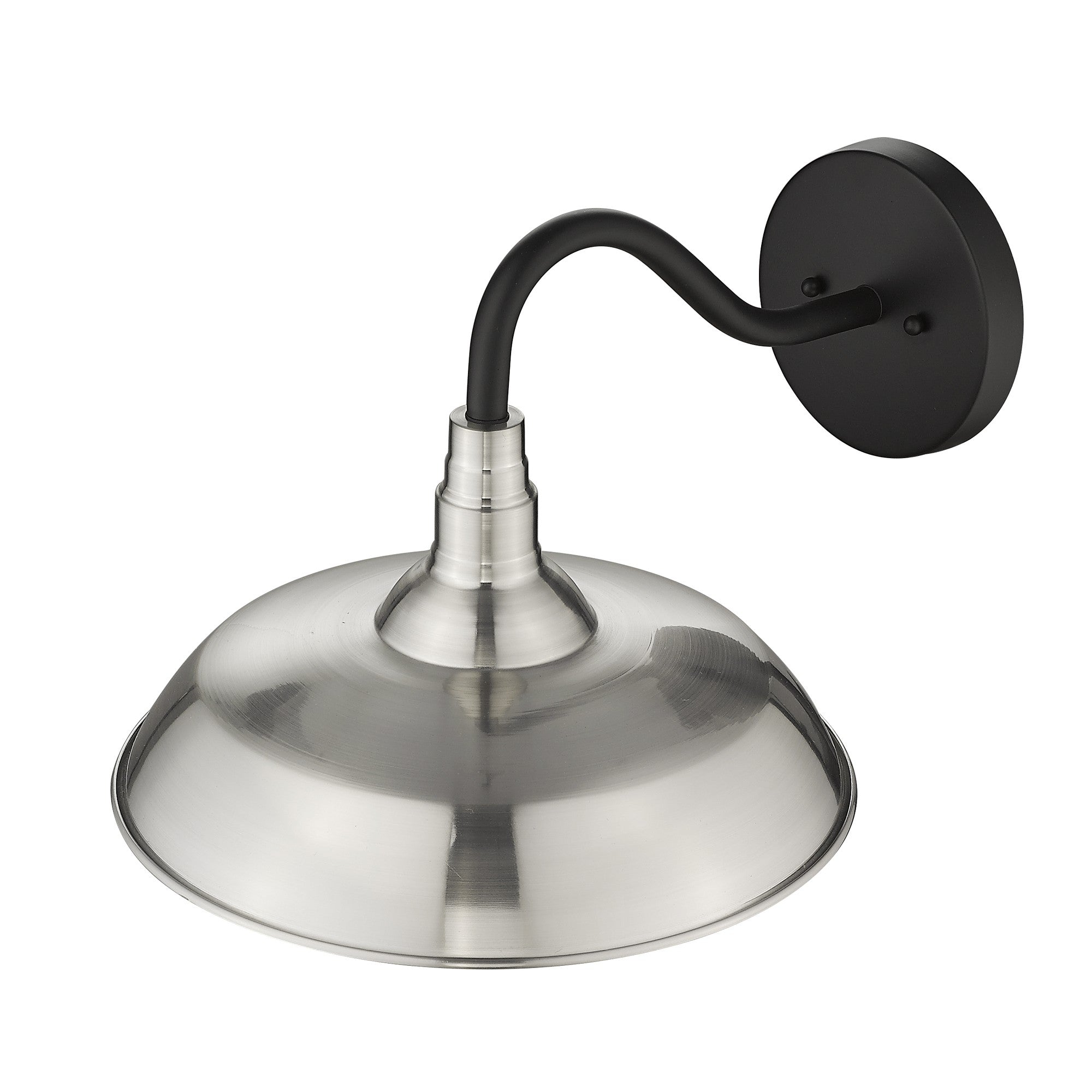 Top down front and right side angle view of the Burry Satin Nickel Farmhouse Gooseneck Wall Sconce with Seeded Glass Shade and black gooseneck arm