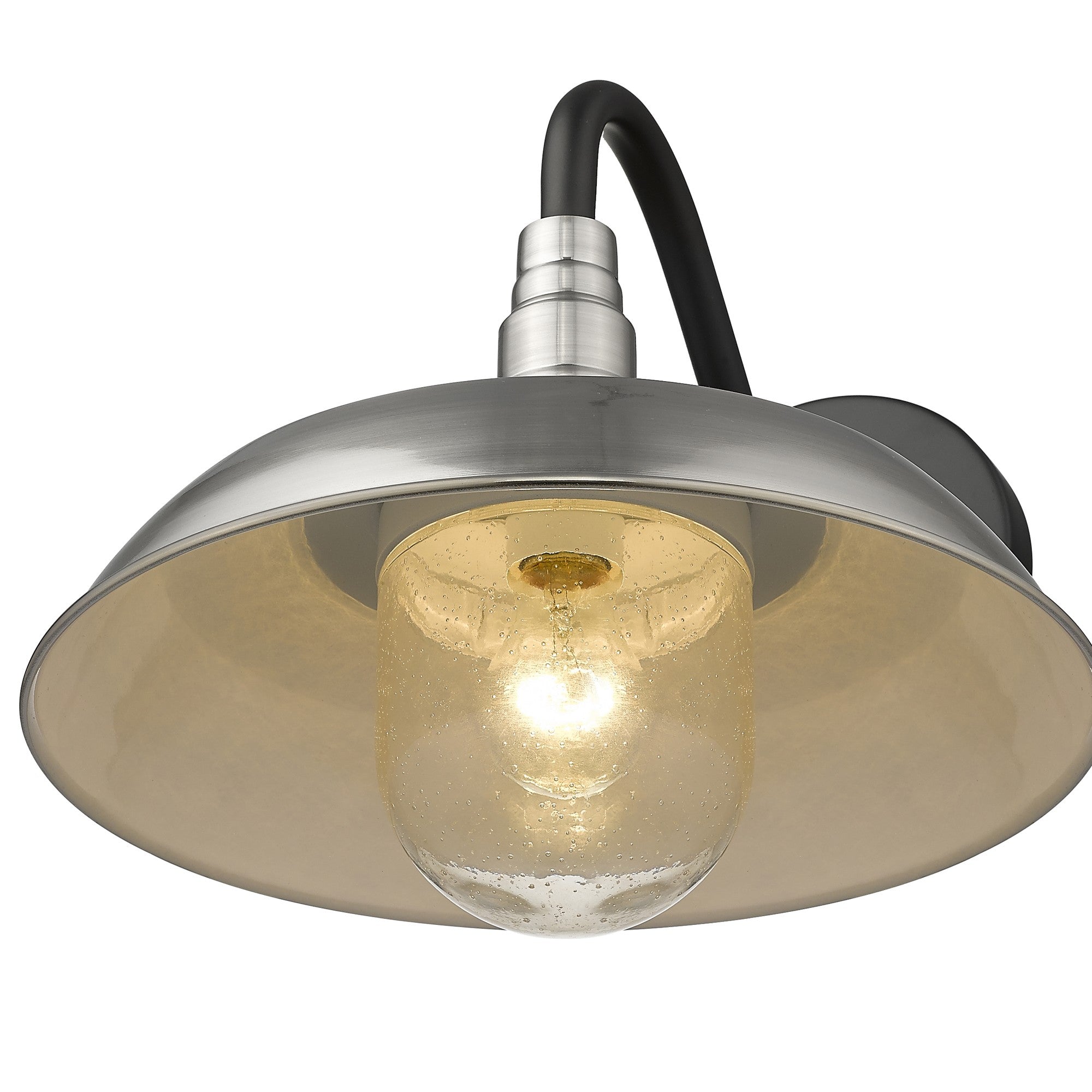 Bottom up angle view of the lighted Burry Satin Nickel Farmhouse Gooseneck Wall Sconce with Seeded Glass Shade and black gooseneck arm