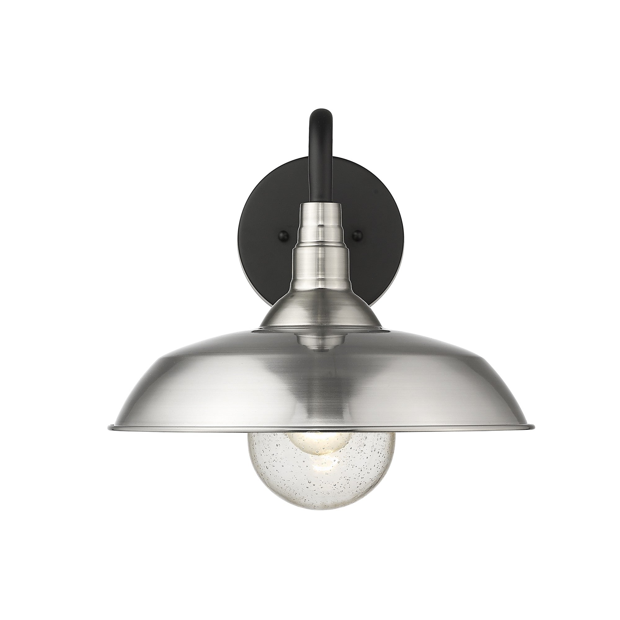 Front  view of the lighted Burry Satin Nickel Farmhouse Gooseneck Wall Sconce with Seeded Glass Shade and black gooseneck arm