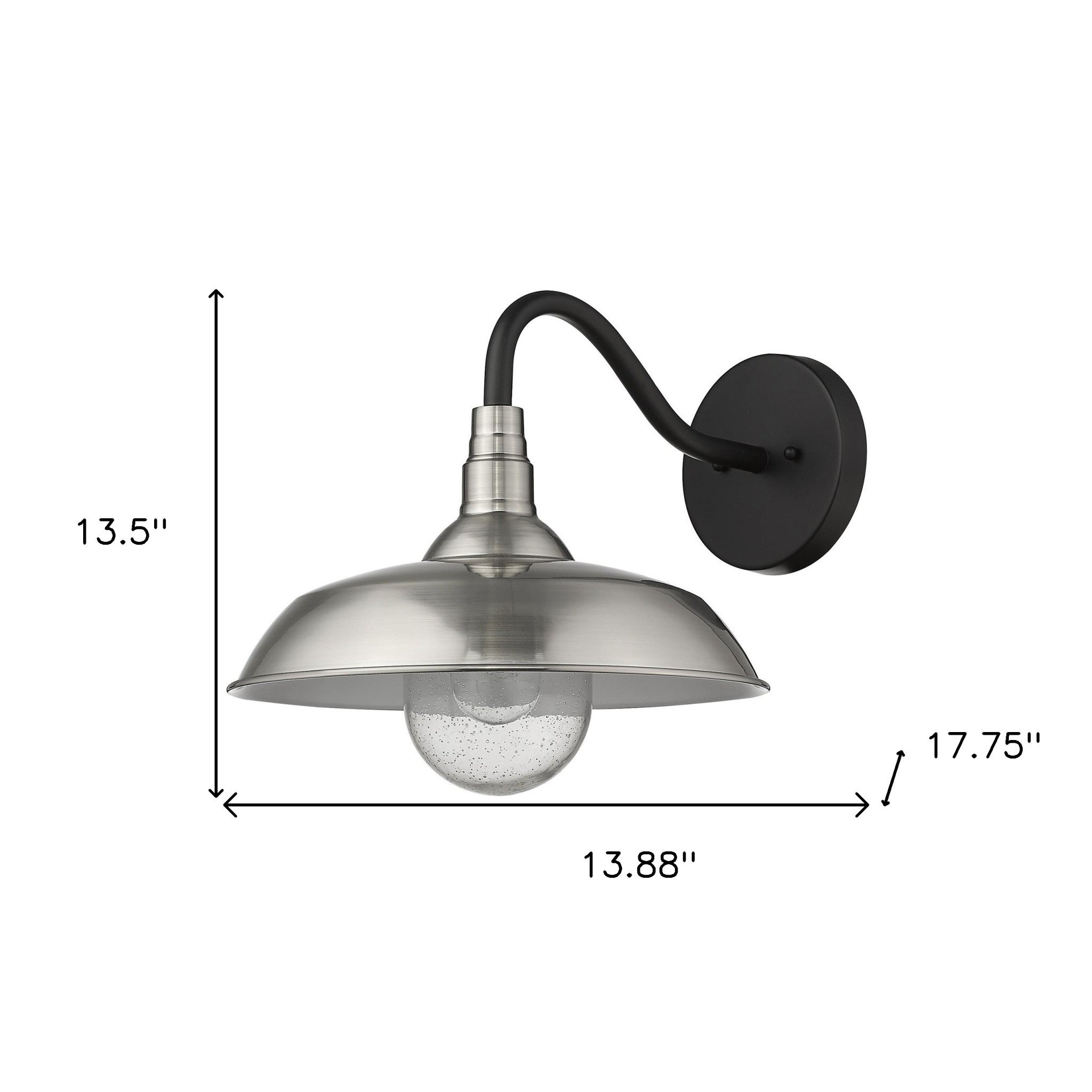 Burry Satin Nickel Farmhouse Gooseneck Wall Sconce with Seeded Glass Shade and black gooseneck arm shown with dimensions of 13 point 5 inches high by 13 point 88 inches wide by 17 point 75 inches deep