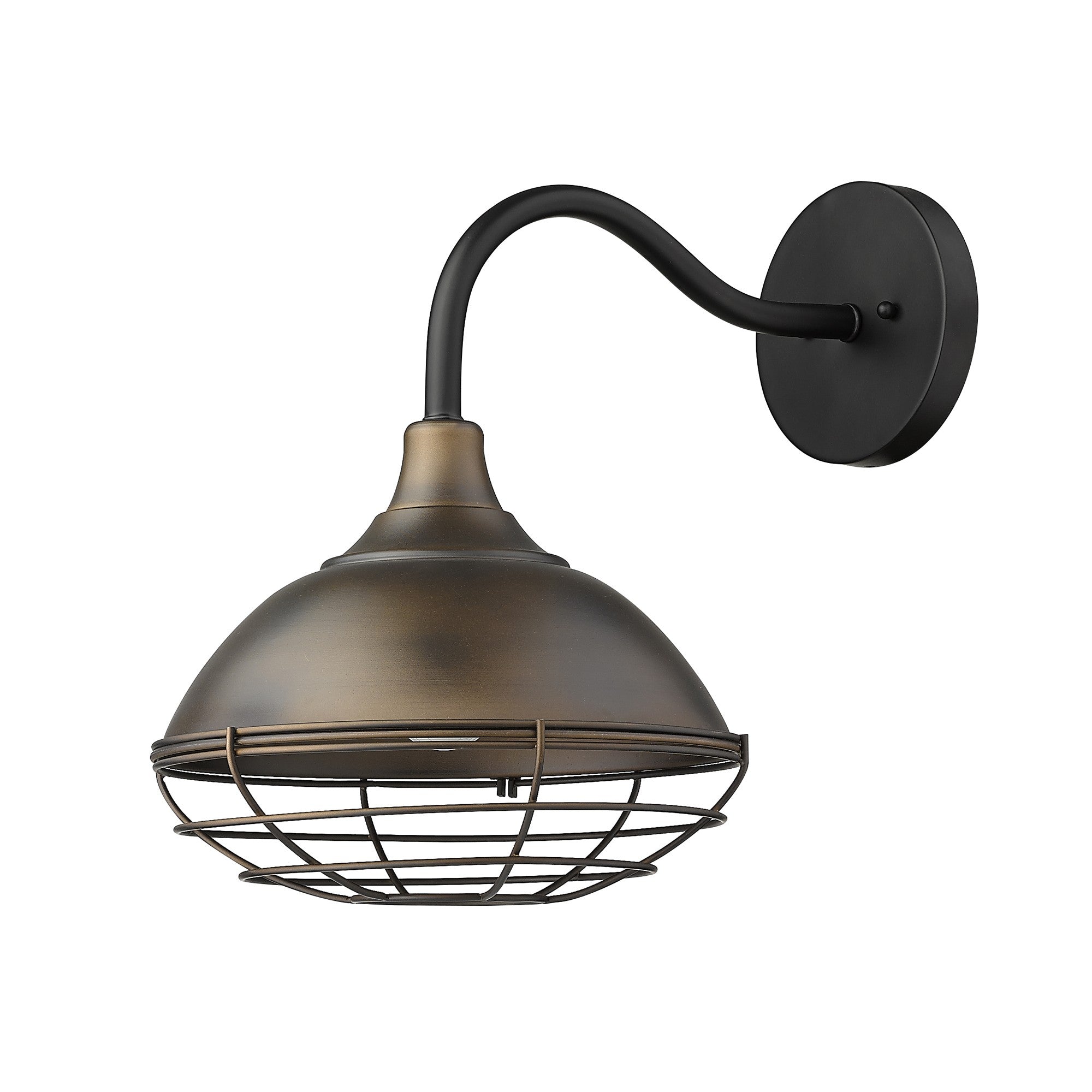 Front and right side angle view of the Afton Oil-Rubbed Bronze Industrial Gooseneck Wall Light with Cage