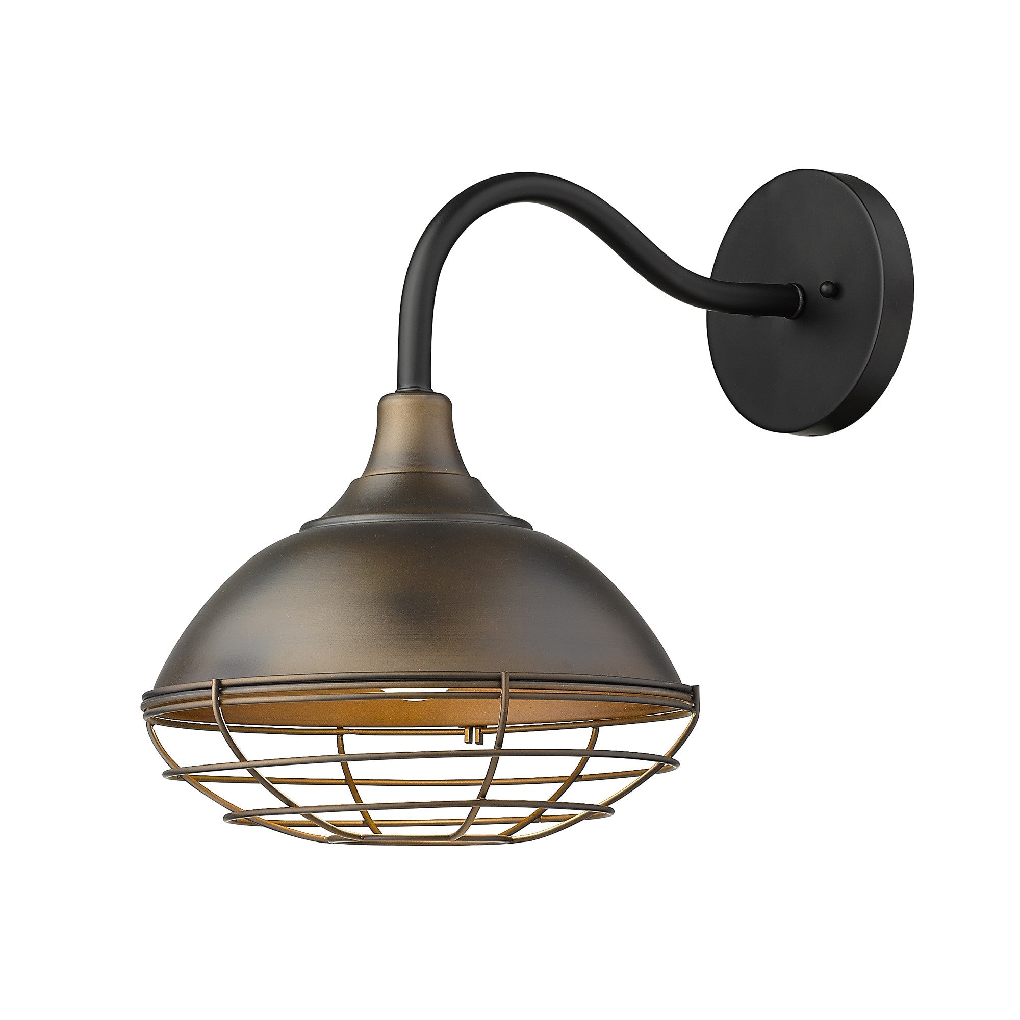 Front and right side angle view of the lighted Afton Oil-Rubbed Bronze Industrial Gooseneck Wall Light with Cage