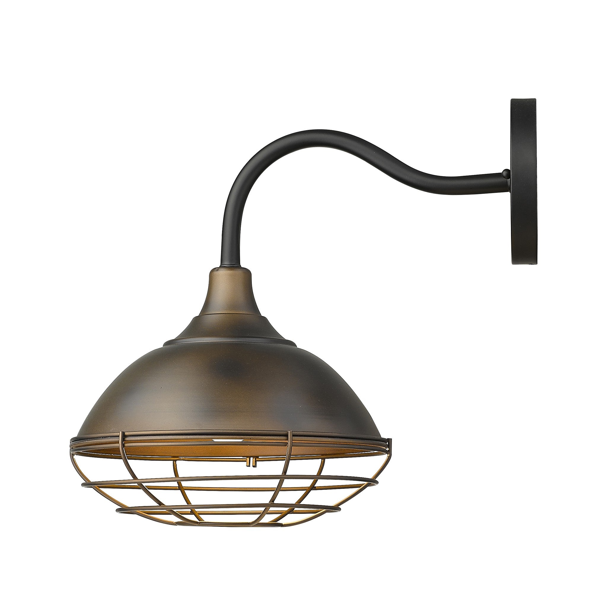 Side view of the Lighted Afton Oil-Rubbed Bronze Industrial Gooseneck Wall Light with Cage