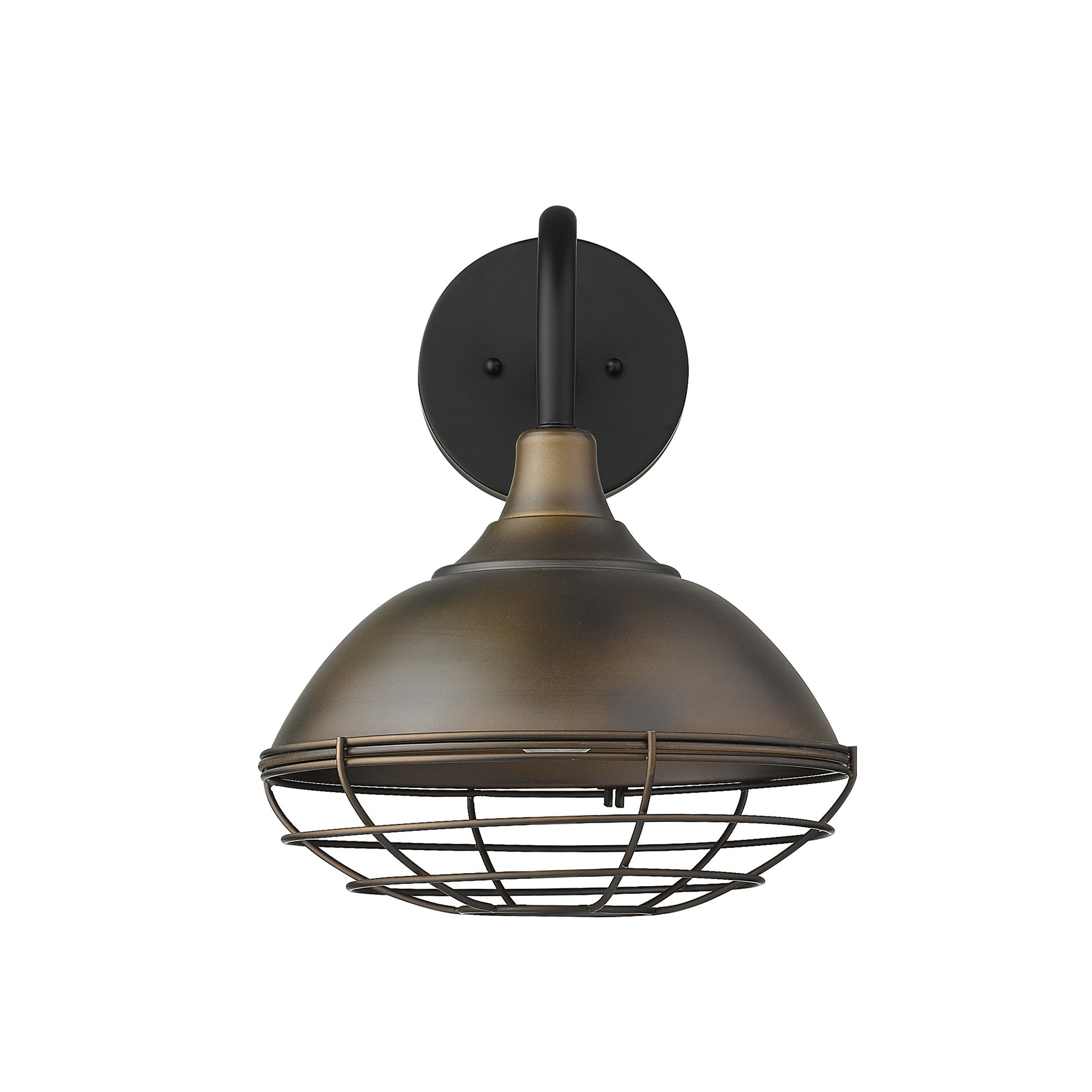 Front view of the Afton Oil-Rubbed Bronze Industrial Gooseneck Wall Light with Cage