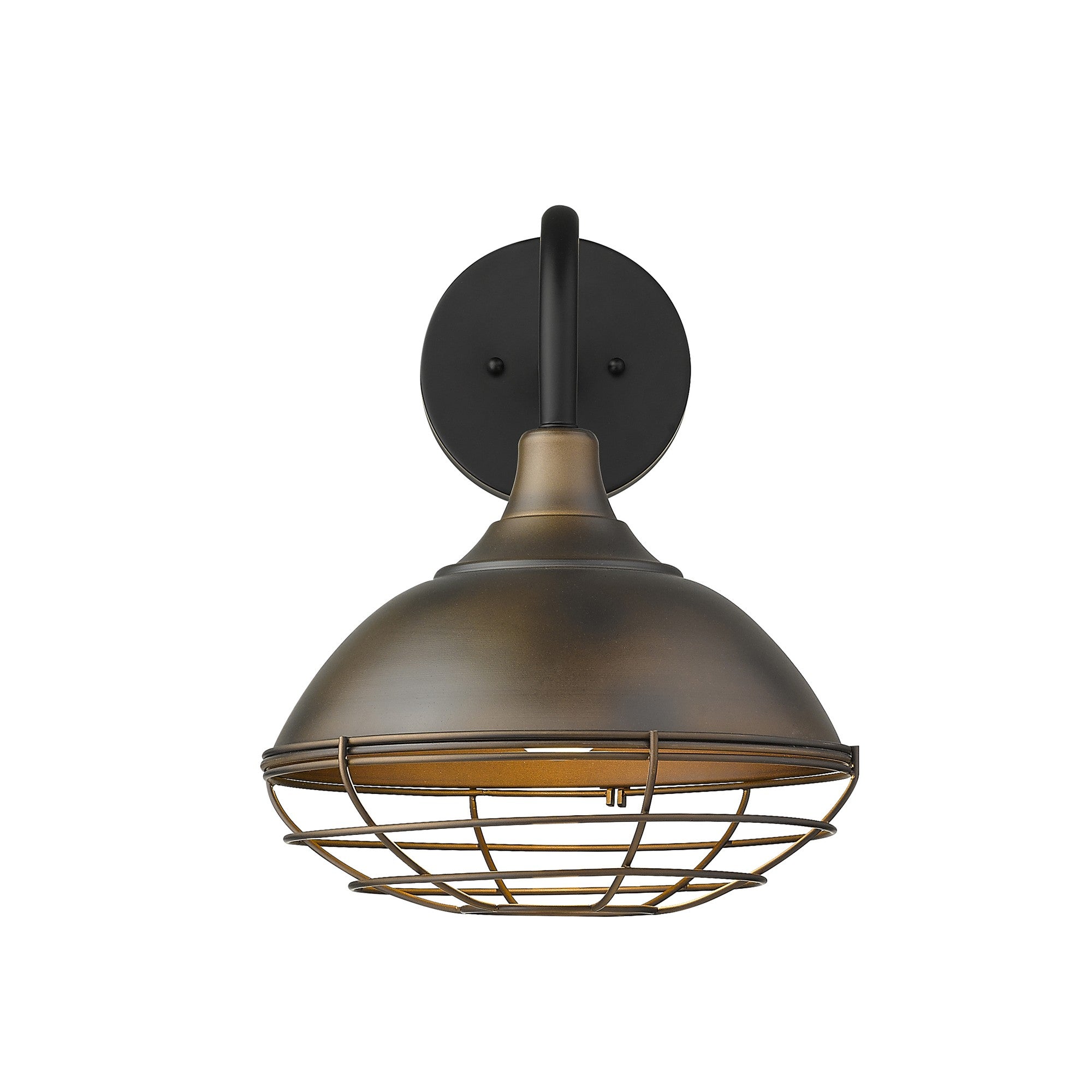 Front view of the lighted Afton Oil-Rubbed Bronze Industrial Gooseneck Wall Light with Cage