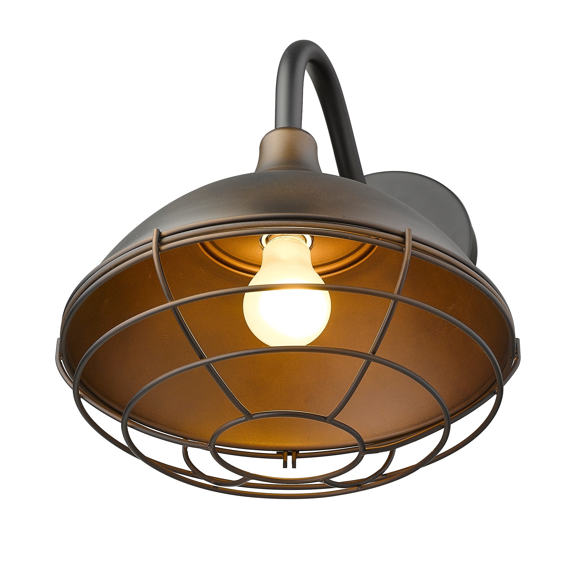 Bottom up view of the lighted Afton Oil-Rubbed Bronze Industrial Gooseneck Wall Light with Cage