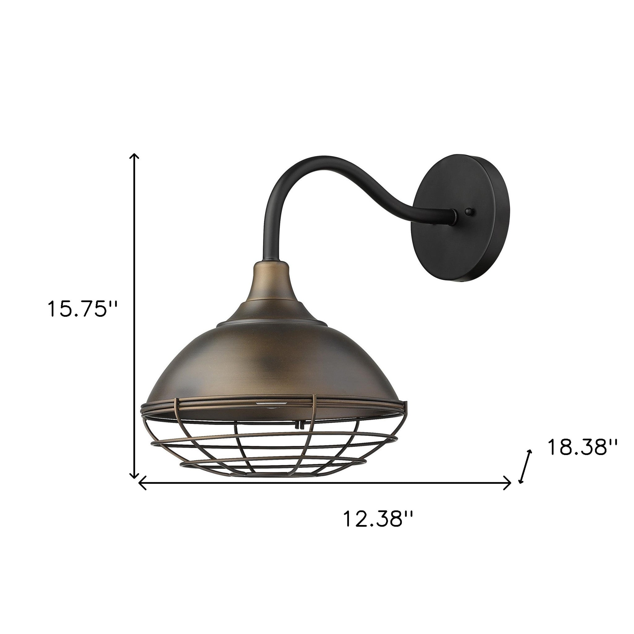 Afton Oil-Rubbed Bronze Industrial Gooseneck Wall Light with Cage shown with dimensions of 15 point 75 inches high by 12 point 38 inches wide by 18 point 38 inches deep