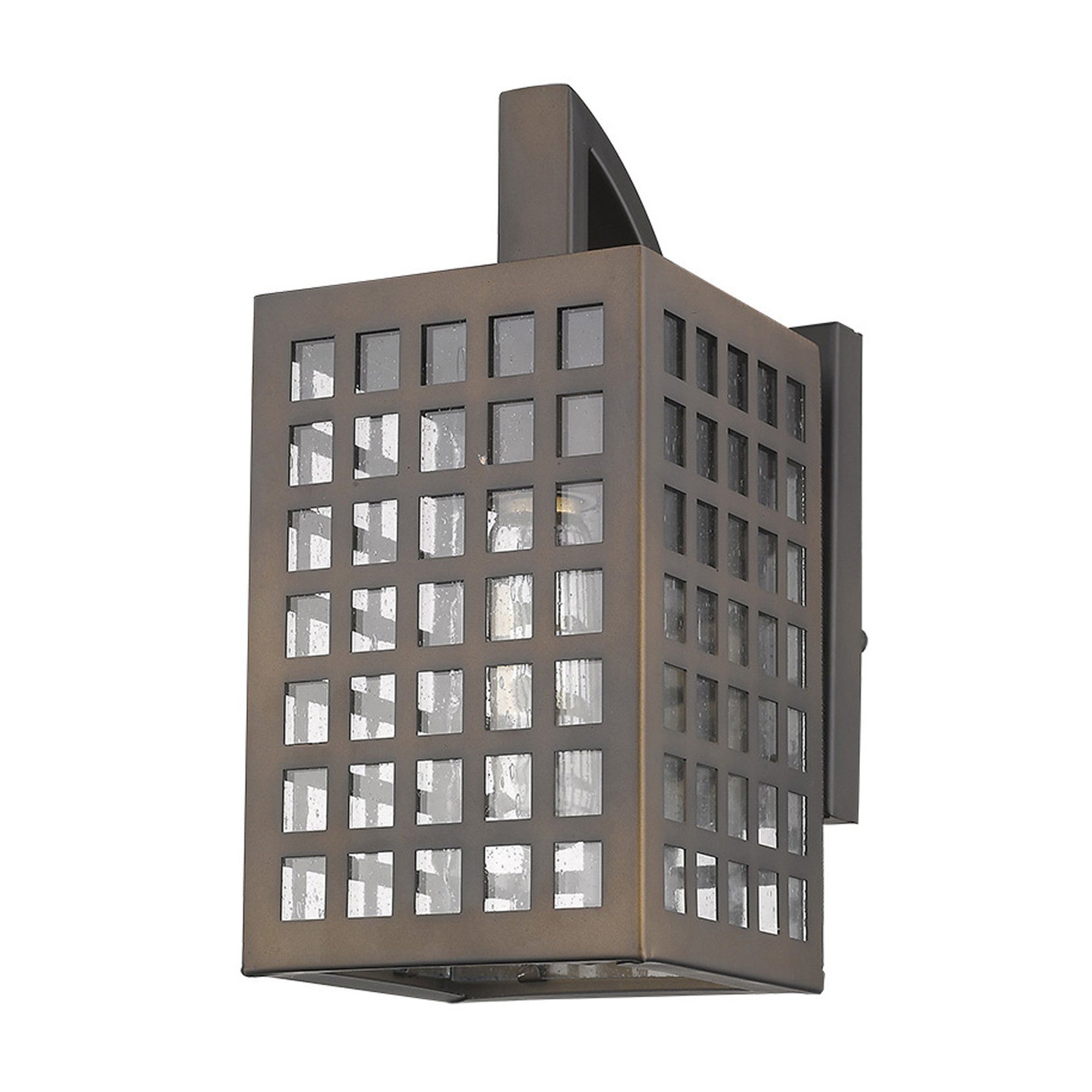 Front right side angle view of the Letzel Oil-Rubbed Bronze Outdoor Wall Lantern with Grid Frame and Clear Seedy Glass