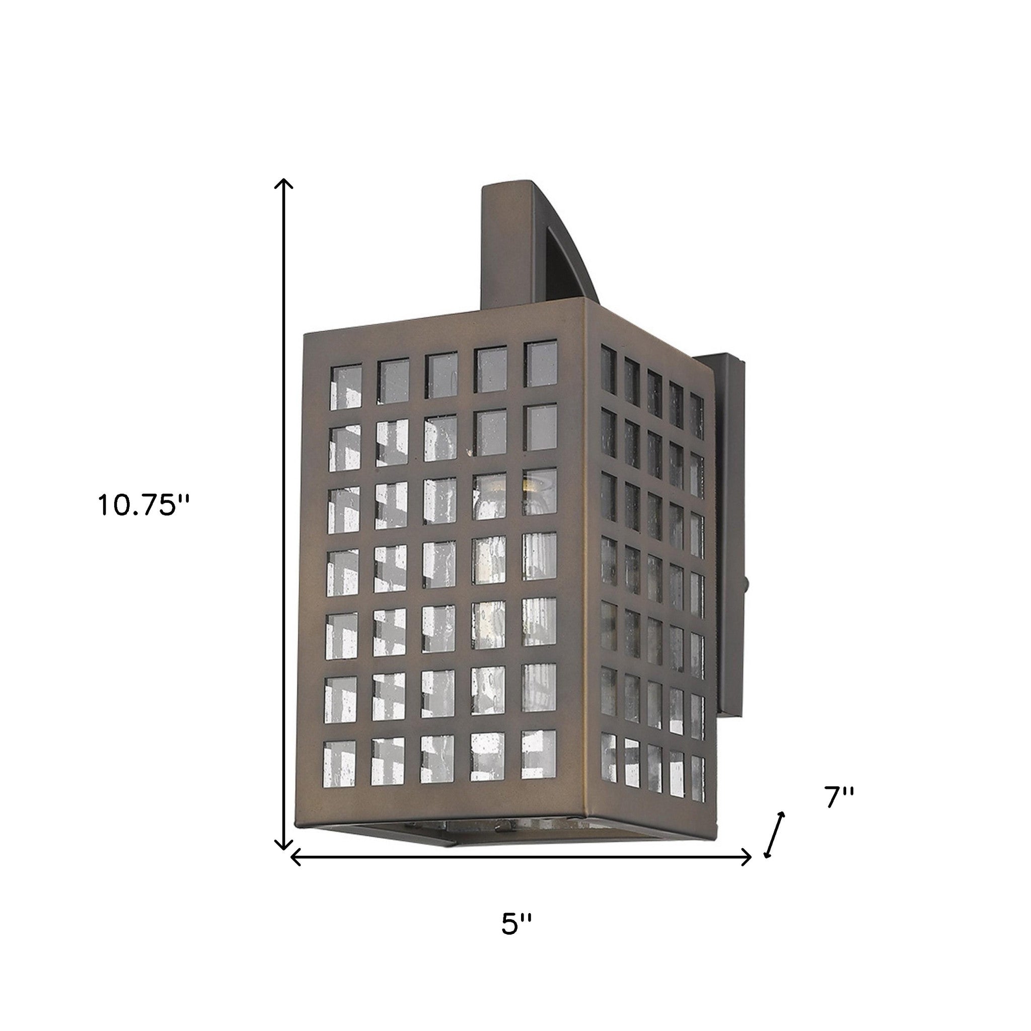 Letzel Oil-Rubbed Bronze Outdoor Wall Lantern with Grid Frame and Clear Seedy Glass shown with dimensions of 10 point 75 inches high by 5 inches wide by  inches deep