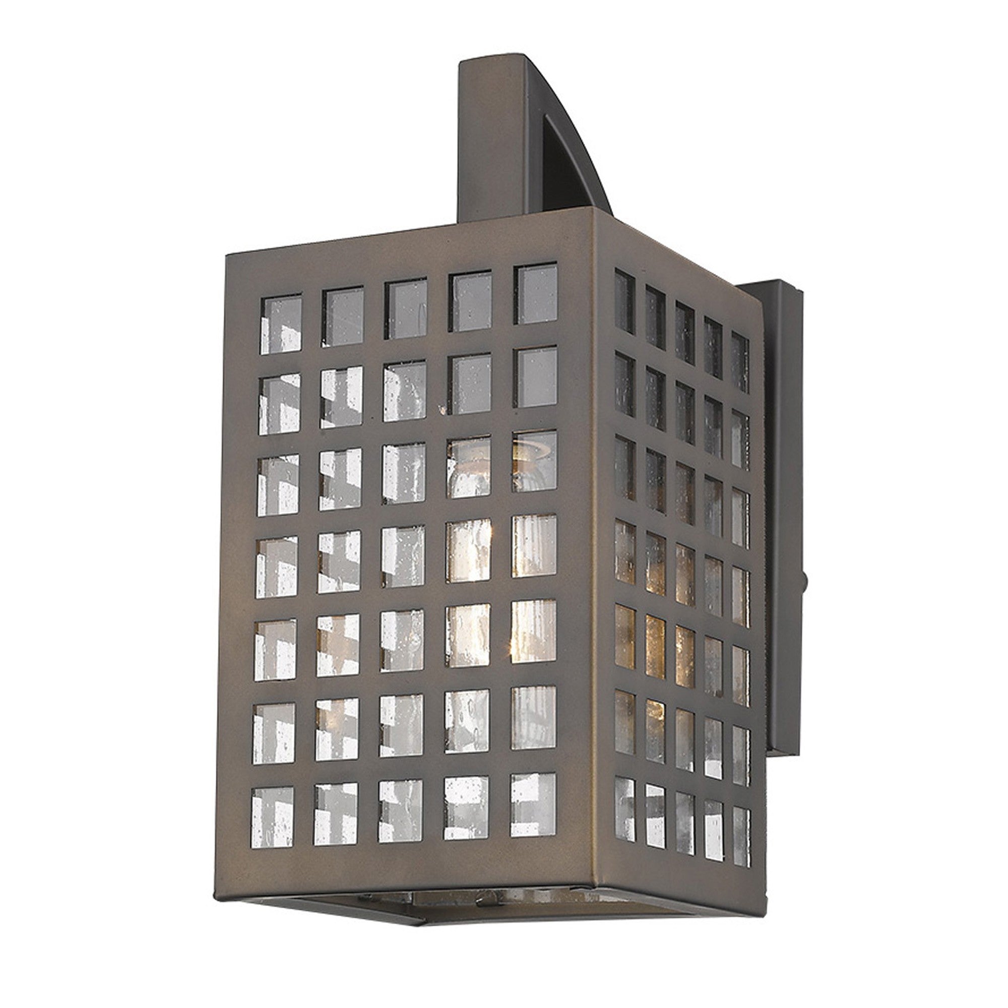 Front right side angle view of the lighted Letzel Oil-Rubbed Bronze Outdoor Wall Lantern with Grid Frame and Clear Seedy Glass