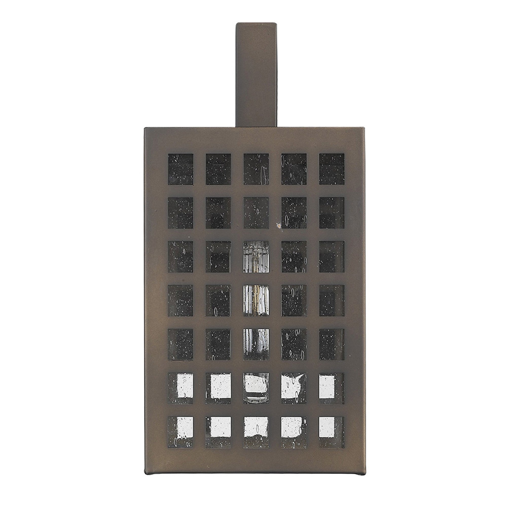 Front view of the Letzel Oil-Rubbed Bronze Outdoor Wall Lantern with Grid Frame and Clear Seedy Glass