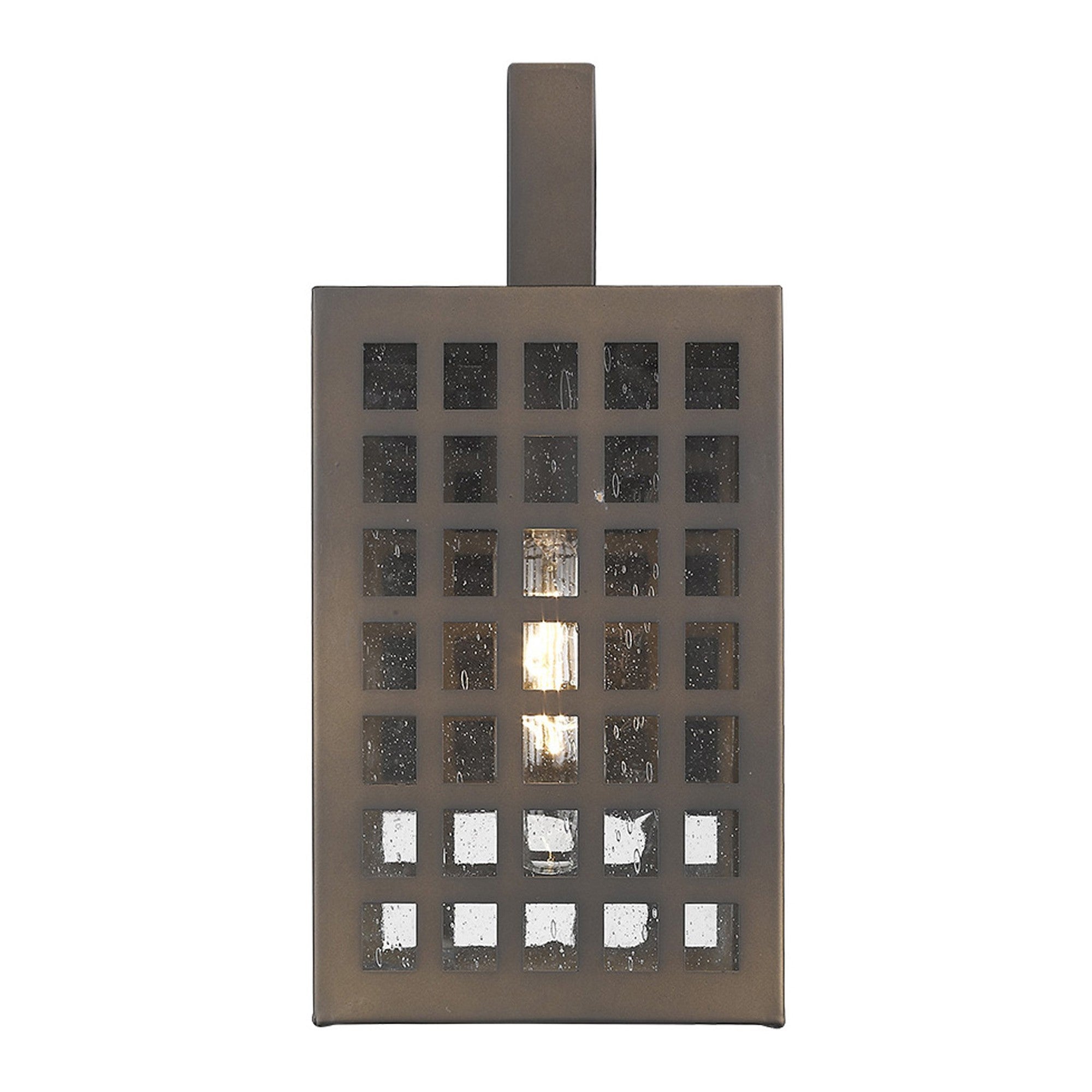 Front view of the lighted Letzel Oil-Rubbed Bronze Outdoor Wall Lantern with Grid Frame and Clear Seedy Glass