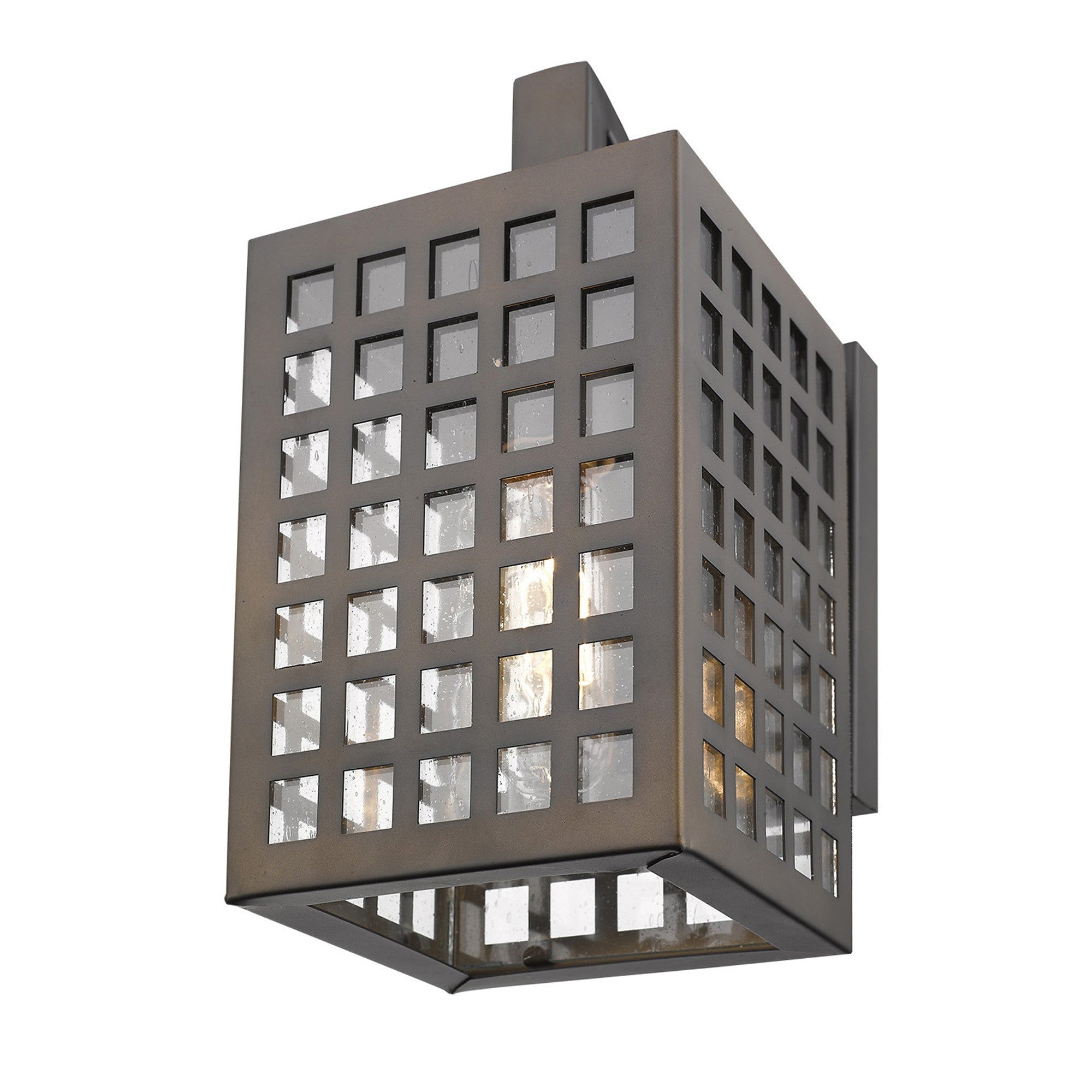 Bottom up front and right angle view of the lighted Letzel Oil-Rubbed Bronze Outdoor Wall Lantern with Grid Frame and Clear Seedy Glass