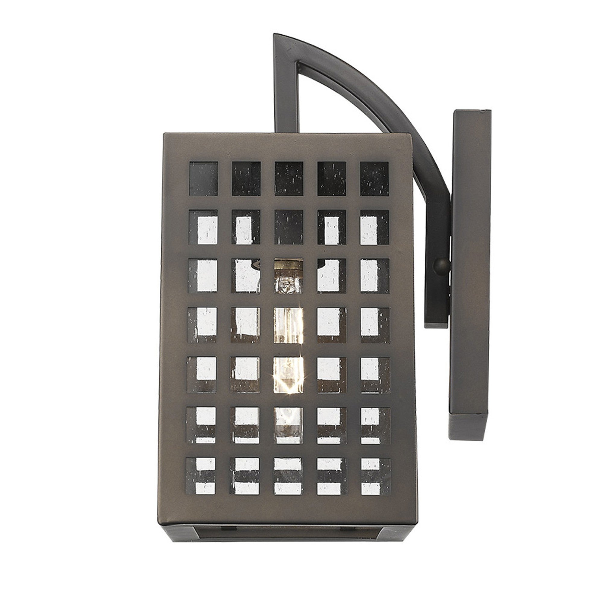 Side view of the lighted Letzel Oil-Rubbed Bronze Outdoor Wall Lantern with Grid Frame and Clear Seedy Glass