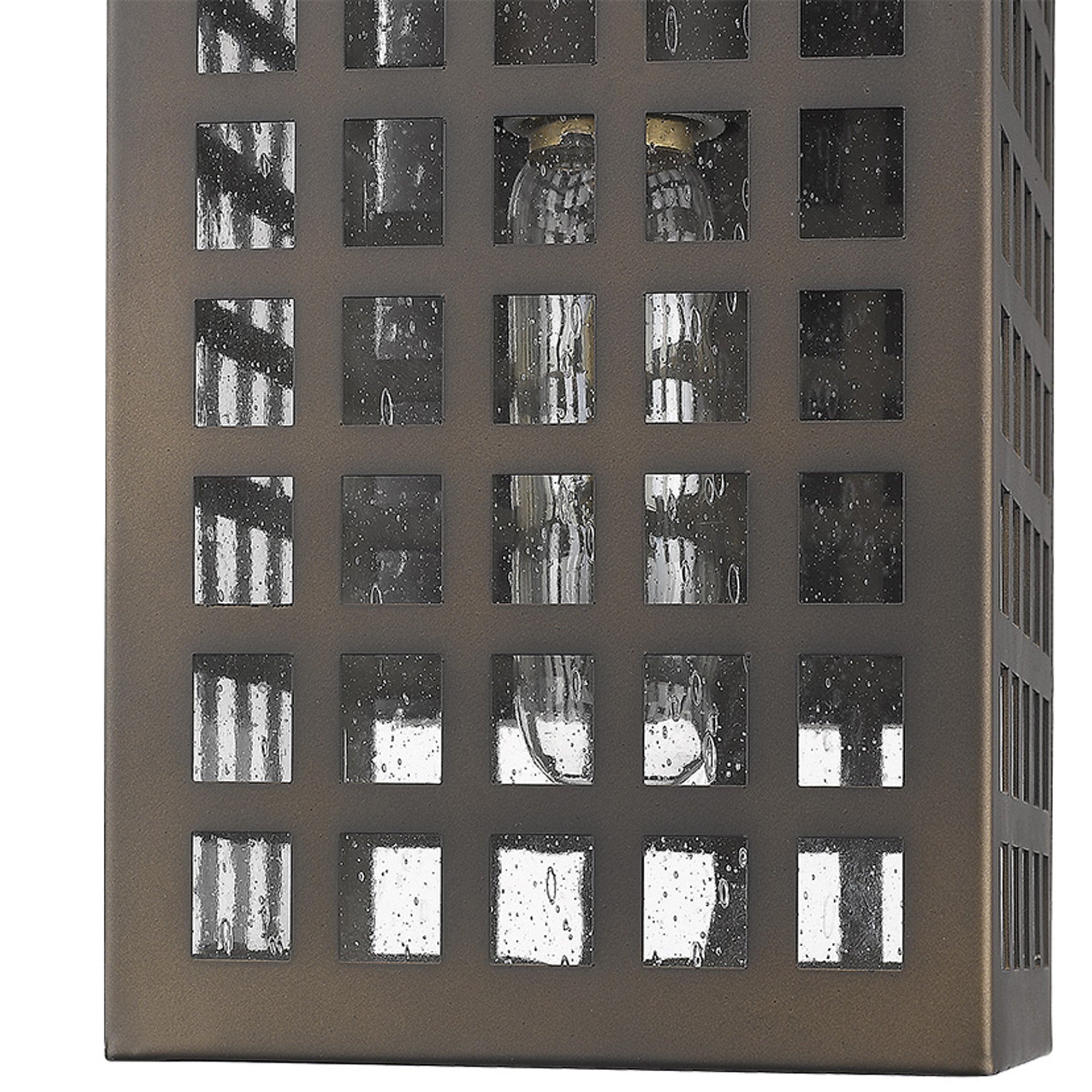 Zoomed in view of the metal caged frame and glass of the  Letzel Oil-Rubbed Bronze Outdoor Wall Lantern with Grid Frame and Clear Seedy Glass