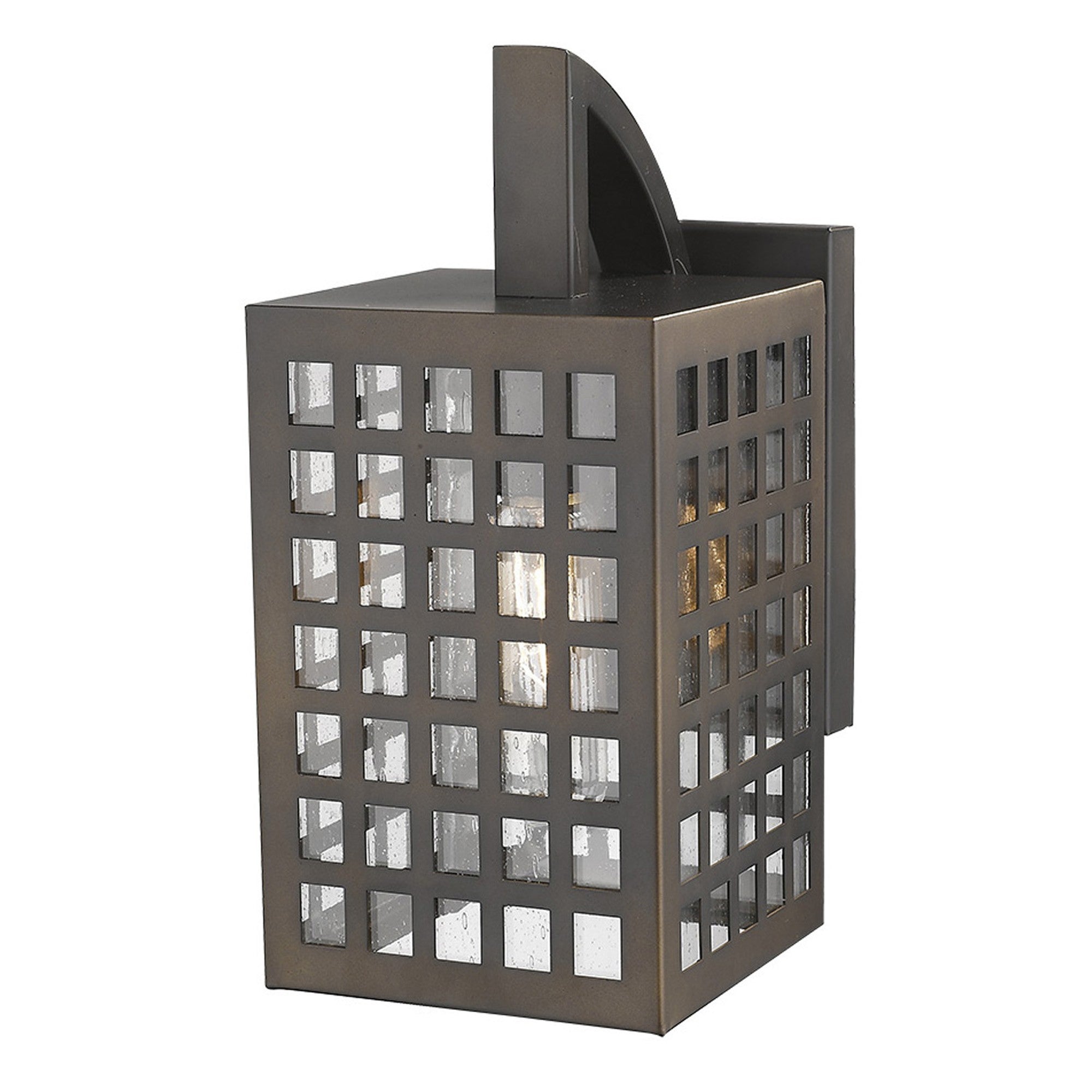 Top down front and right angle view of the Letzel Oil-Rubbed Bronze Outdoor Wall Lantern with Grid Frame and Clear Seedy Glass