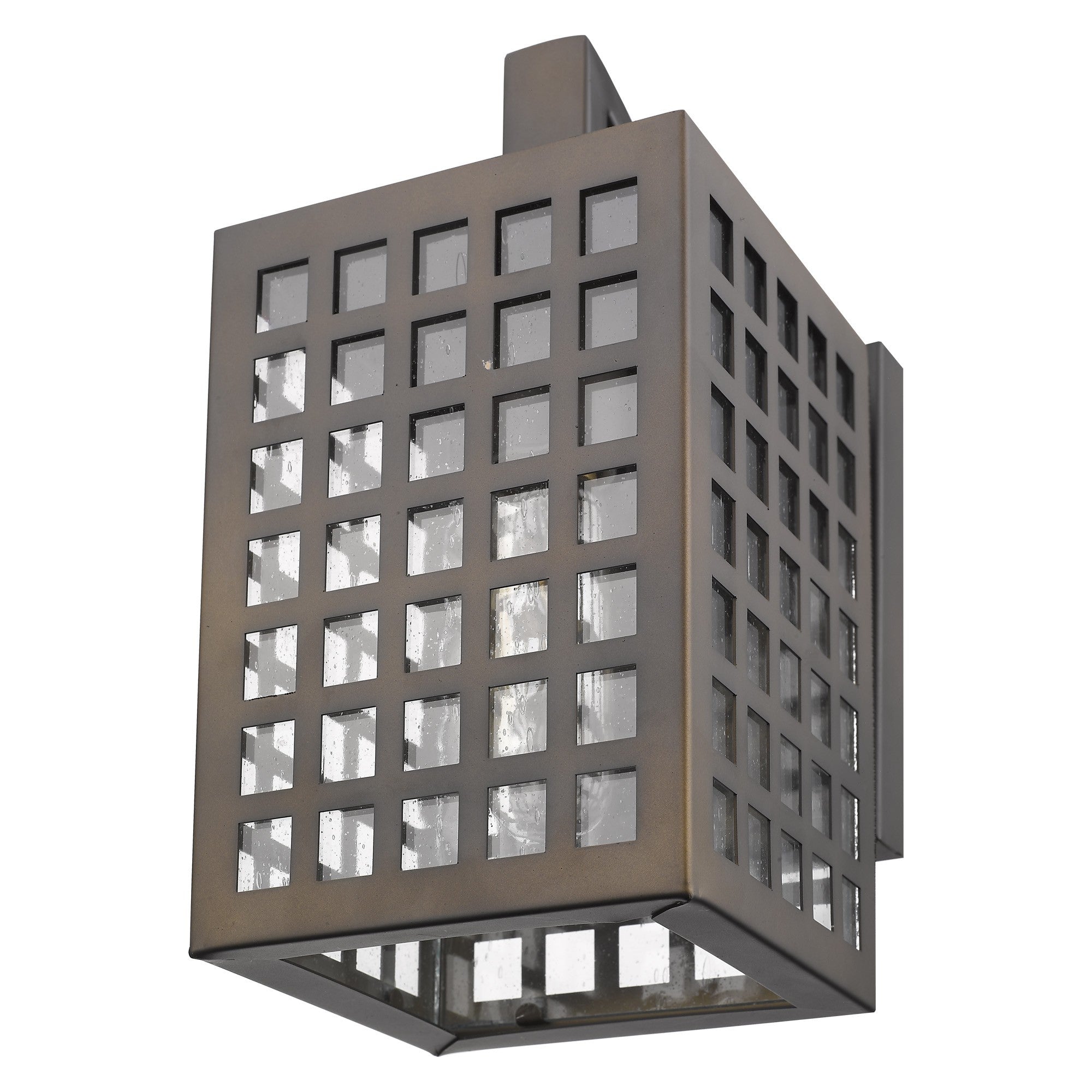 Bottom up front and right angle view of the Letzel Oil-Rubbed Bronze Outdoor Wall Lantern with Grid Frame and Clear Seedy Glass