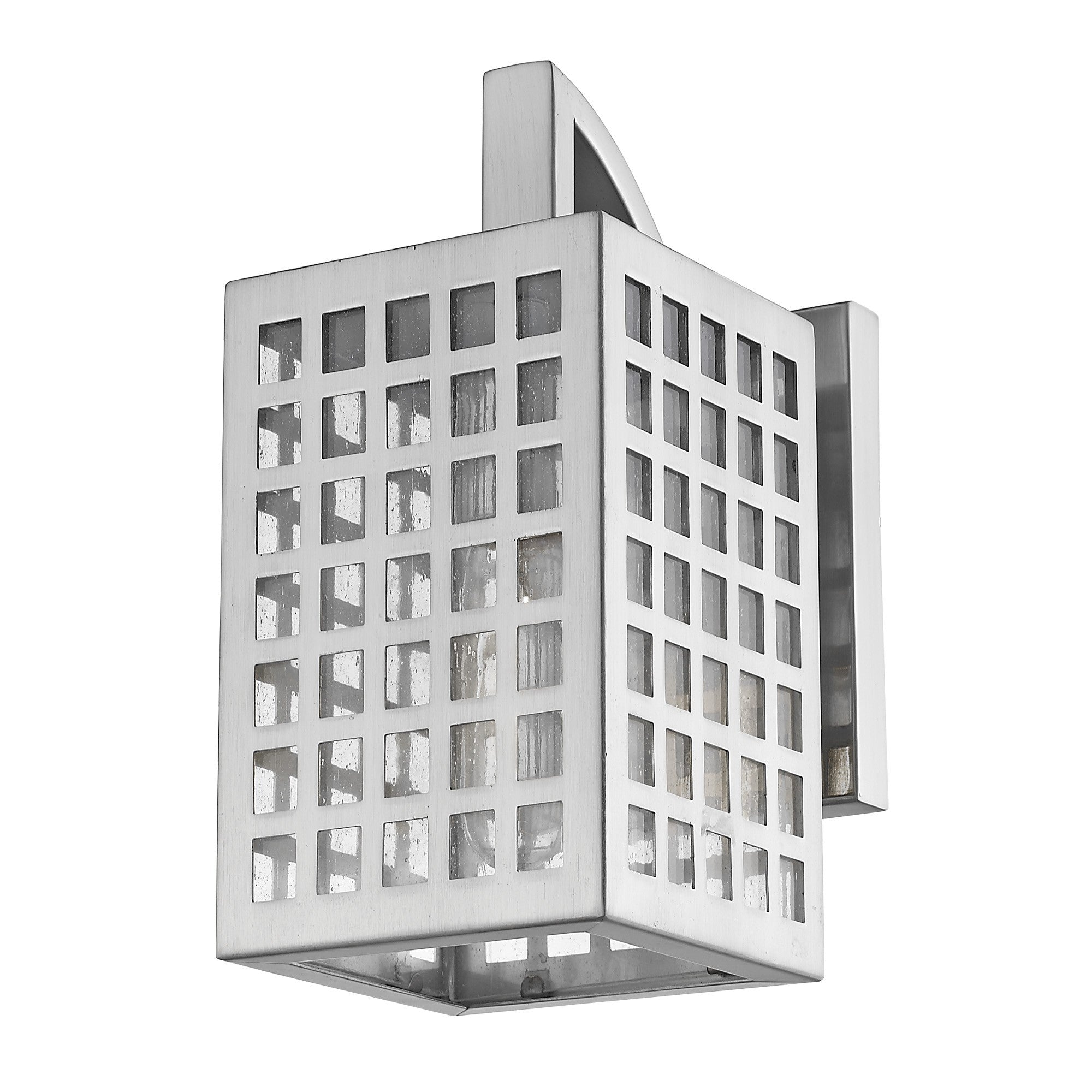 Bottom up front and right side angle view of the Letzel Satin Nickel Outdoor Wall Lantern with Modern Grid Design and Clear Seedy Glass