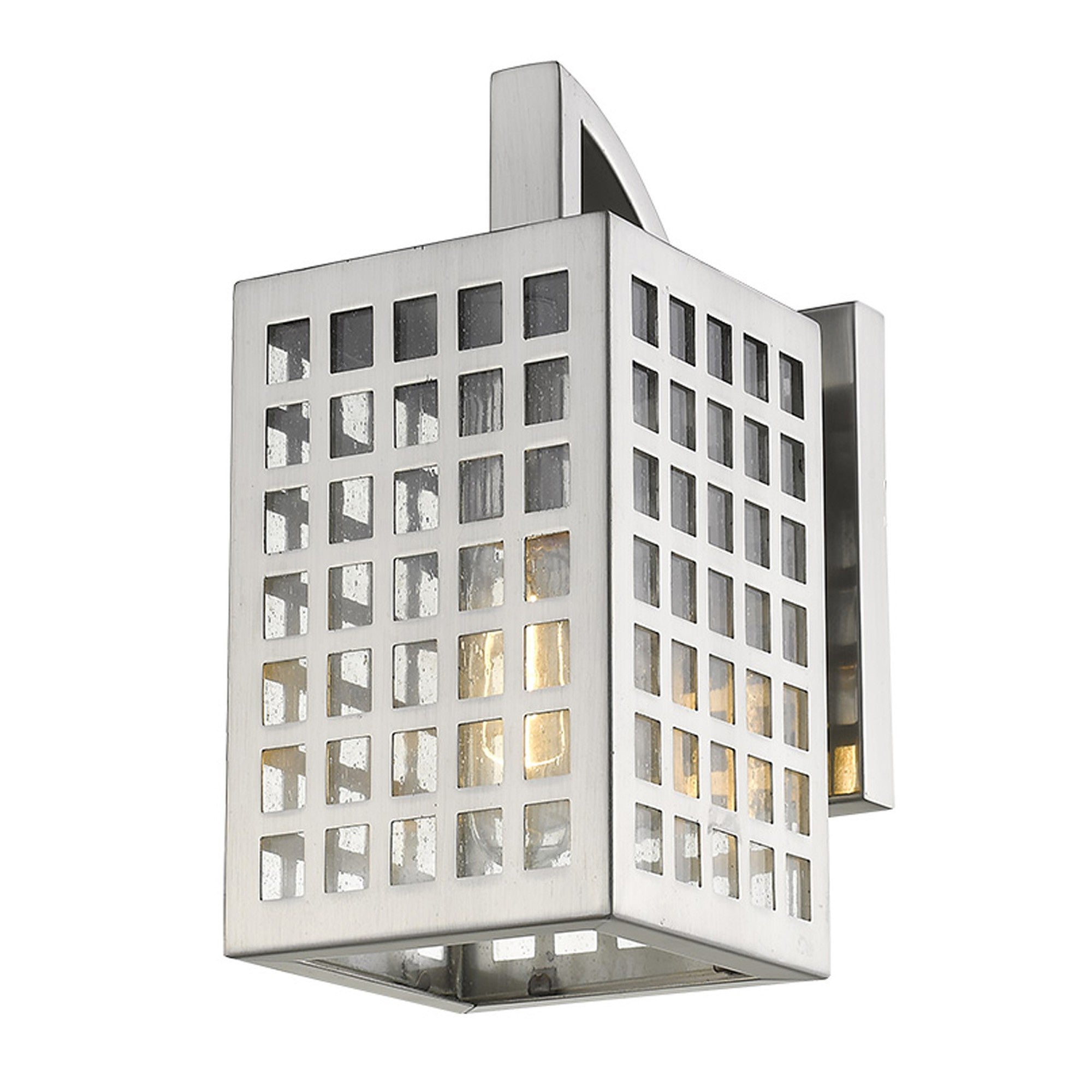 Bottom up front and right side angle view of the lighted Letzel Satin Nickel Outdoor Wall Lantern with Modern Grid Design and Clear Seedy Glass