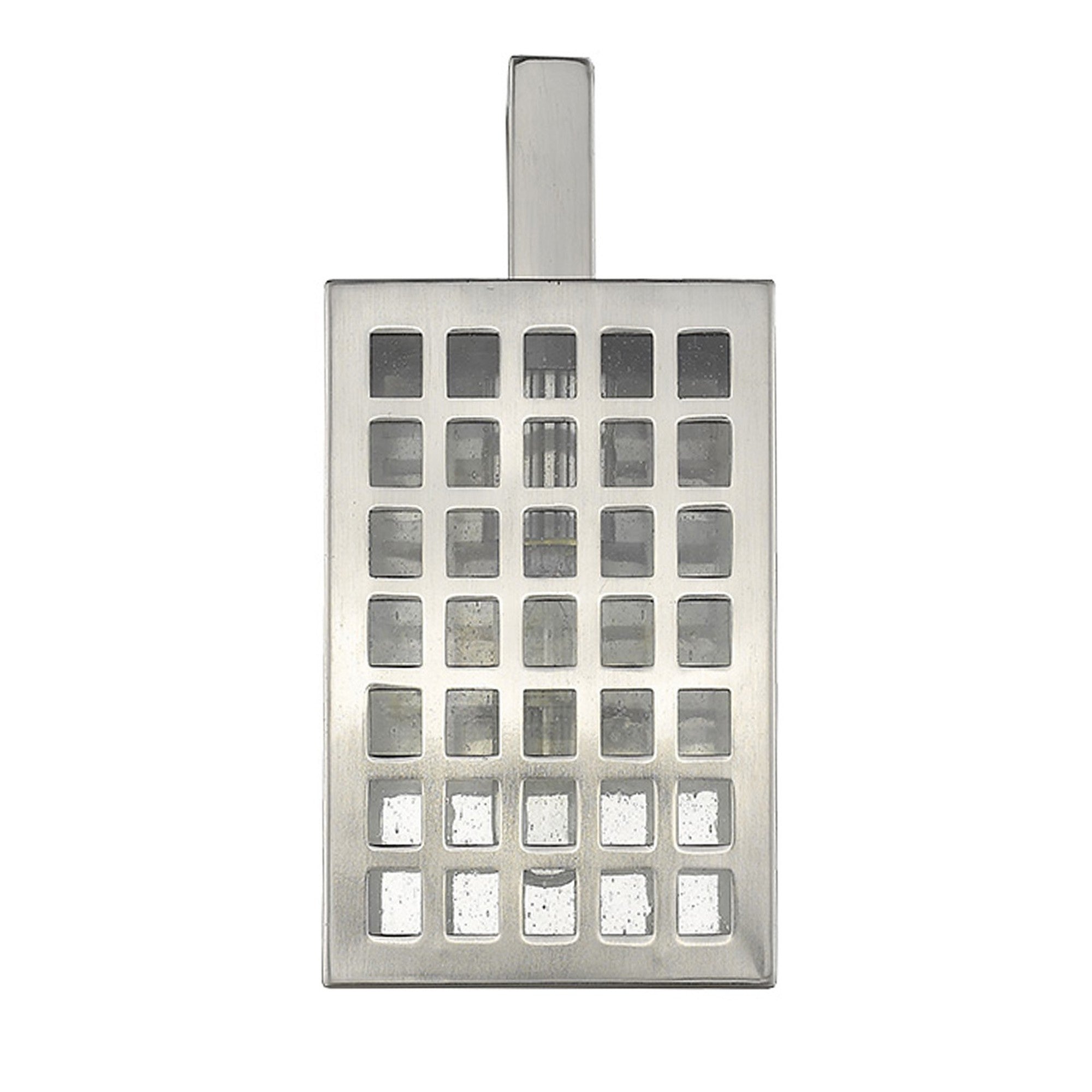 Front view of the Letzel Satin Nickel Outdoor Wall Lantern with Modern Grid Design and Clear Seedy Glass