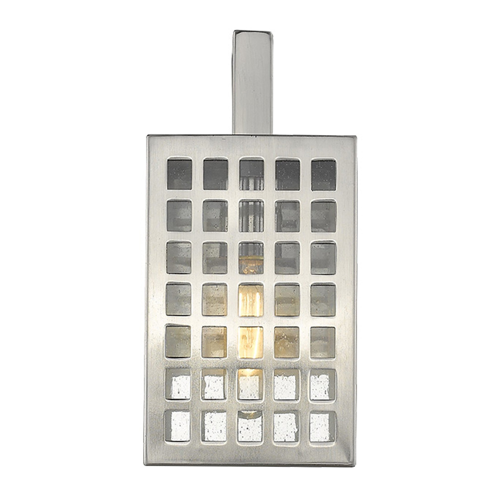Front view of the lighted Letzel Satin Nickel Outdoor Wall Lantern with Modern Grid Design and Clear Seedy Glass