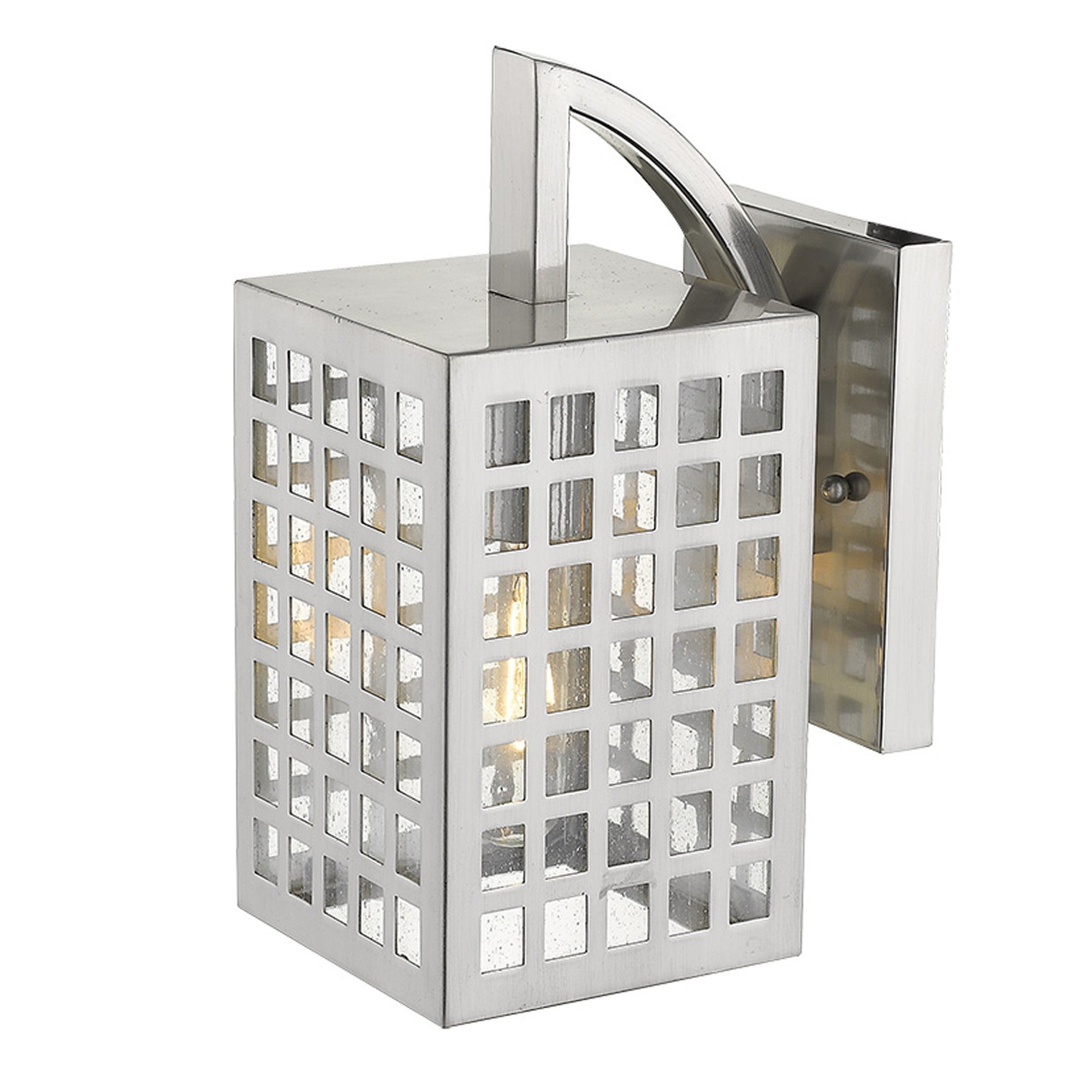 Top down front and right side angle view of the lighted Letzel Satin Nickel Outdoor Wall Lantern with Modern Grid Design and Clear Seedy Glass