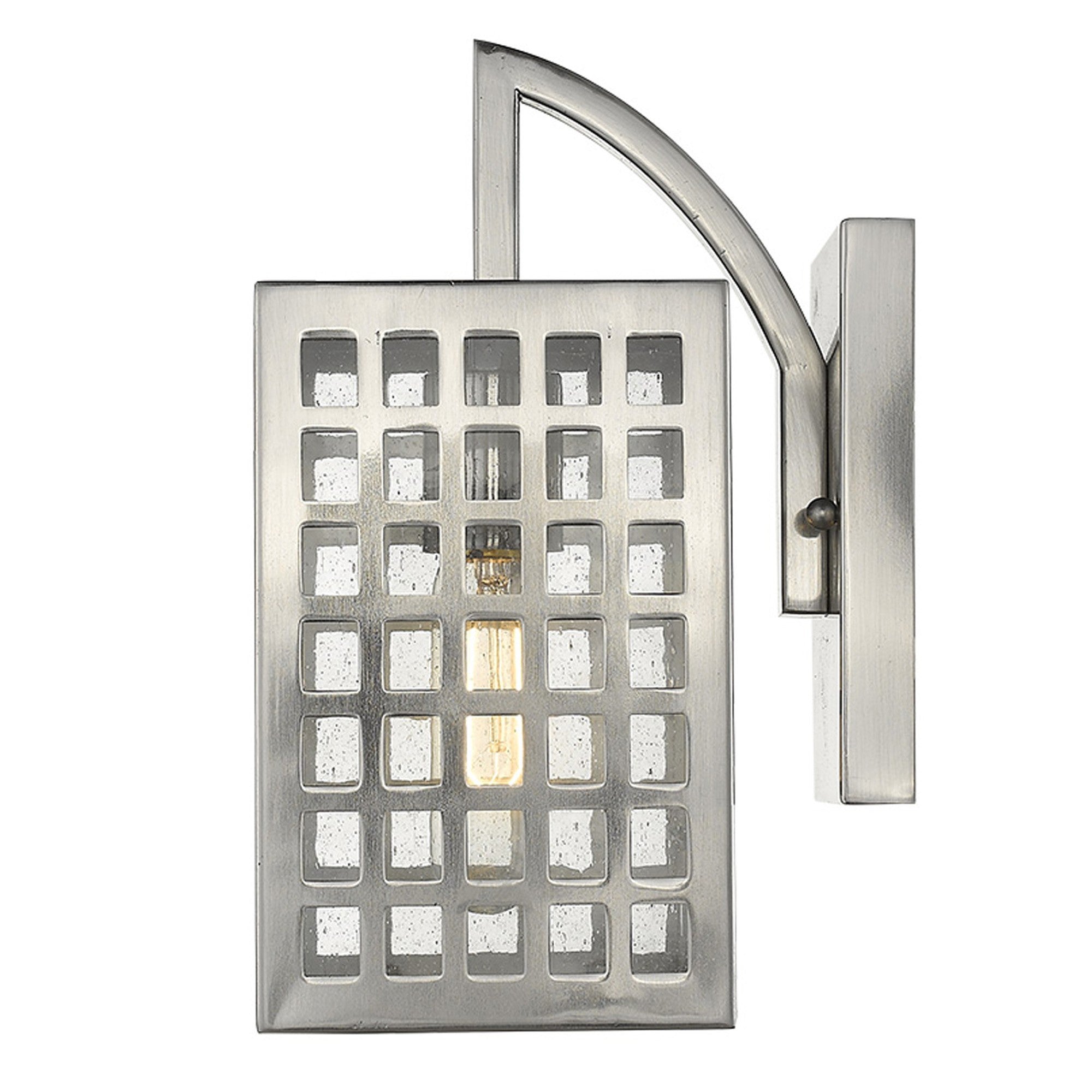Side view of the lighted Letzel Satin Nickel Outdoor Wall Lantern with Modern Grid Design and Clear Seedy Glass