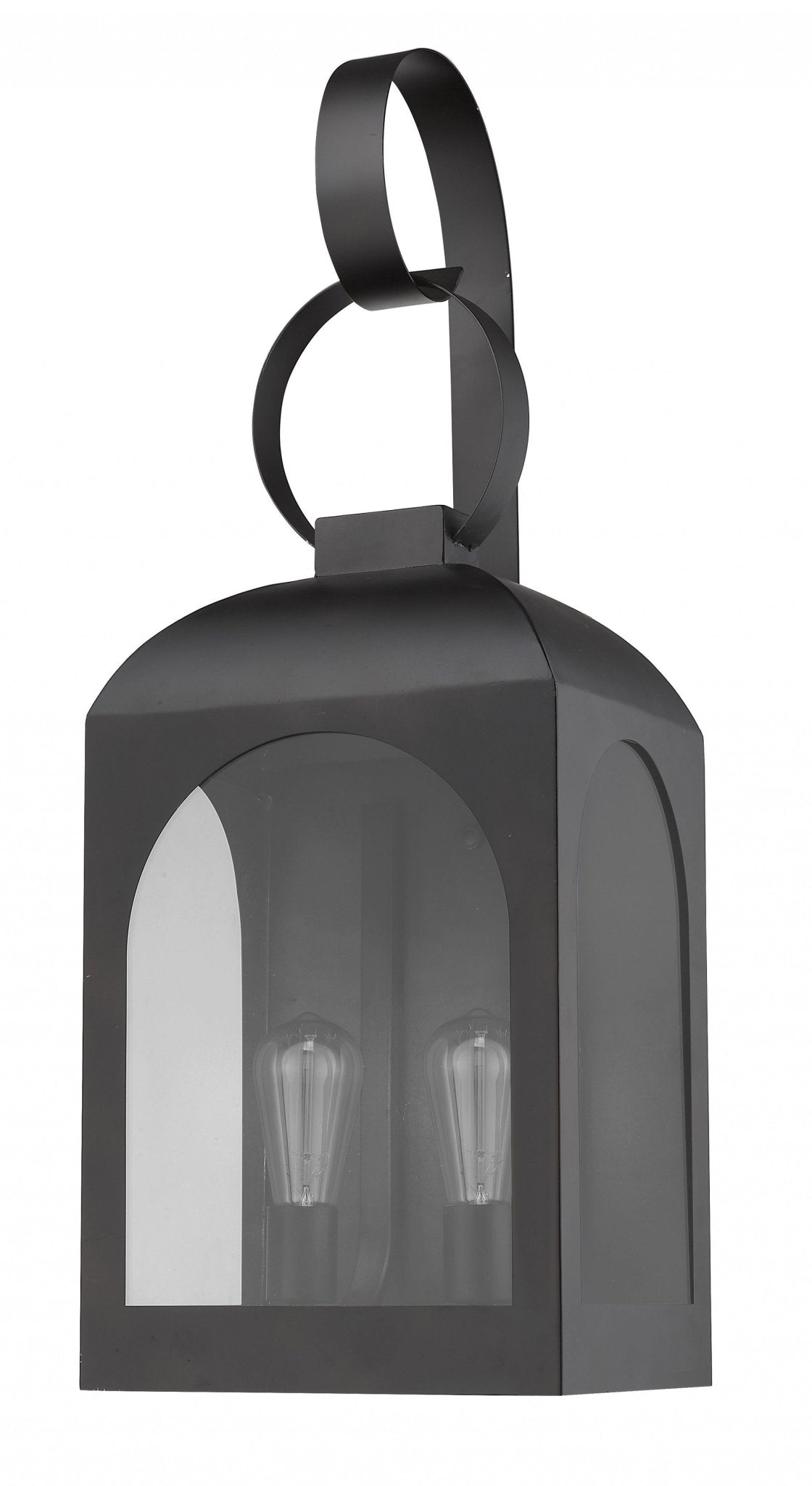 Right side angled view of the Madigan Oil-Rubbed Bronze Outdoor Wall Lantern with Dual Bulbs and Carriage Design