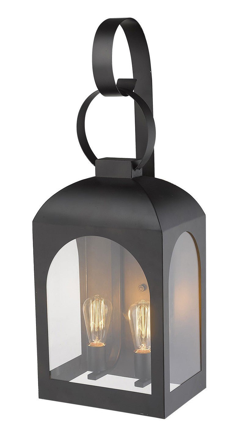 Right side angled view of the lighted Madigan Oil-Rubbed Bronze Outdoor Wall Lantern with Dual Bulbs and Carriage Design