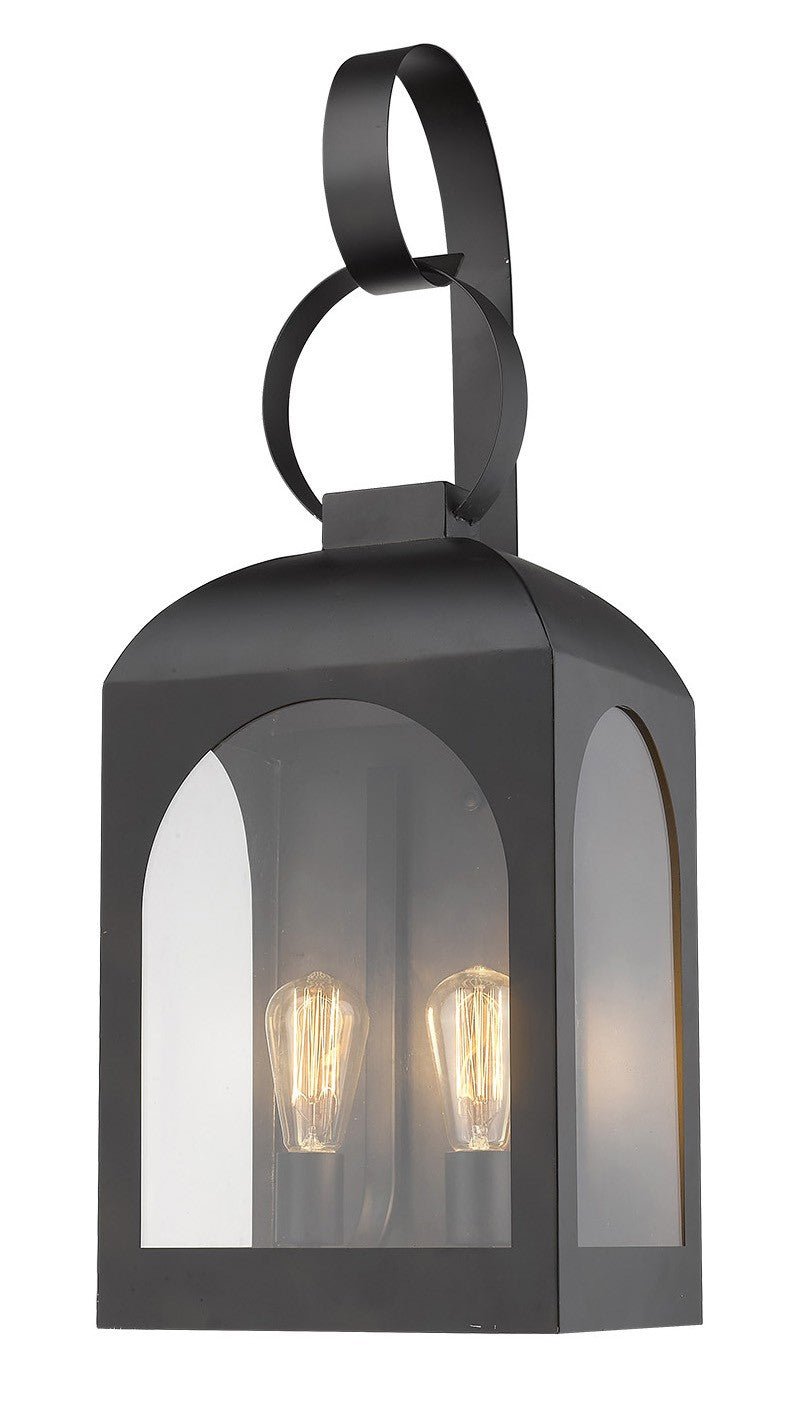 Right side angled view of the lighted Madigan Oil-Rubbed Bronze Outdoor Wall Lantern with Dual Bulbs and Carriage Design