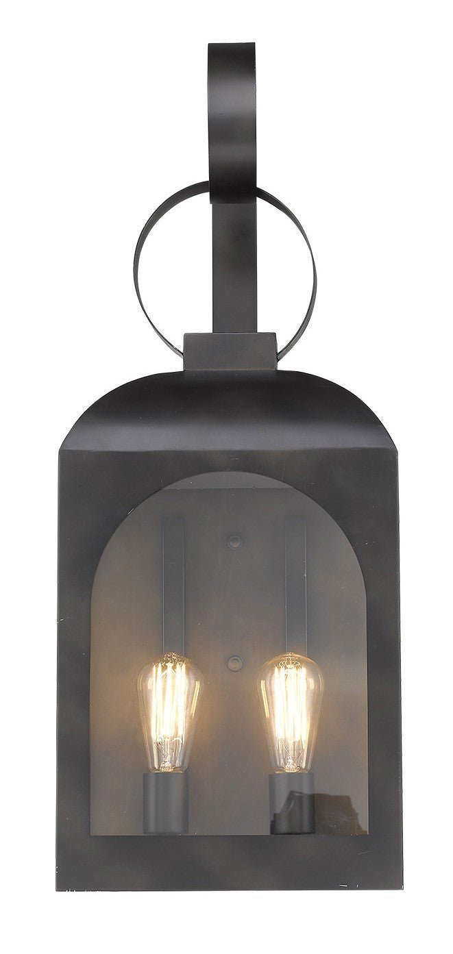 Front view of the lighted Madigan Oil-Rubbed Bronze Outdoor Wall Lantern with Dual Bulbs and Carriage Design