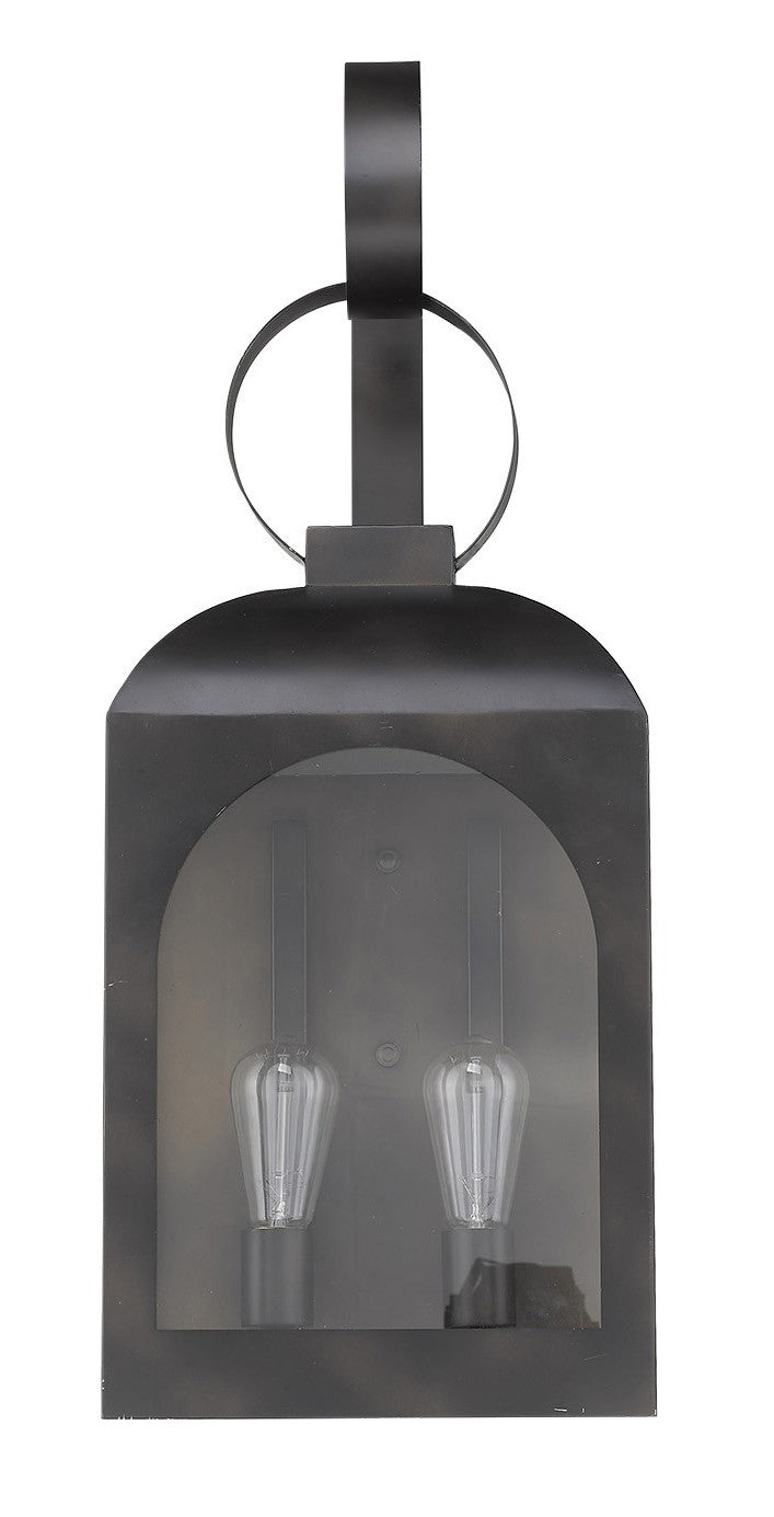 Front view of the Madigan Oil-Rubbed Bronze Outdoor Wall Lantern with Dual Bulbs and Carriage Design